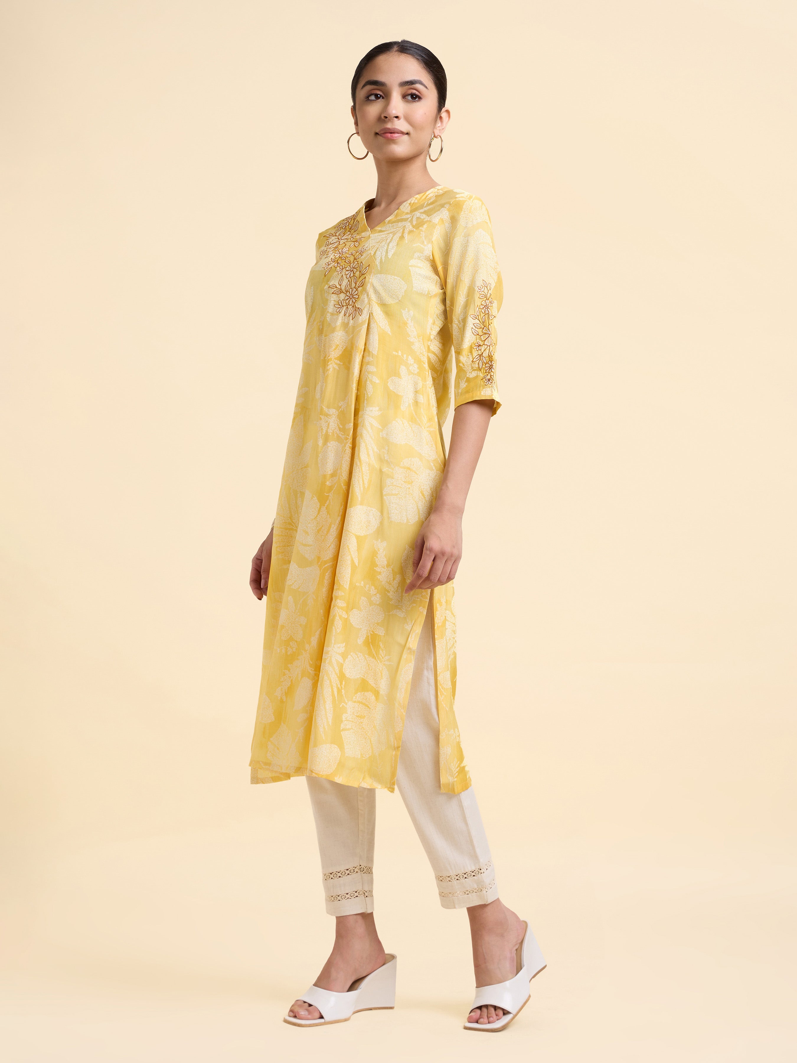 Yellow Ivory Modal Chanderi Printed Slitted Kurti With Embroidery And Sequins Work