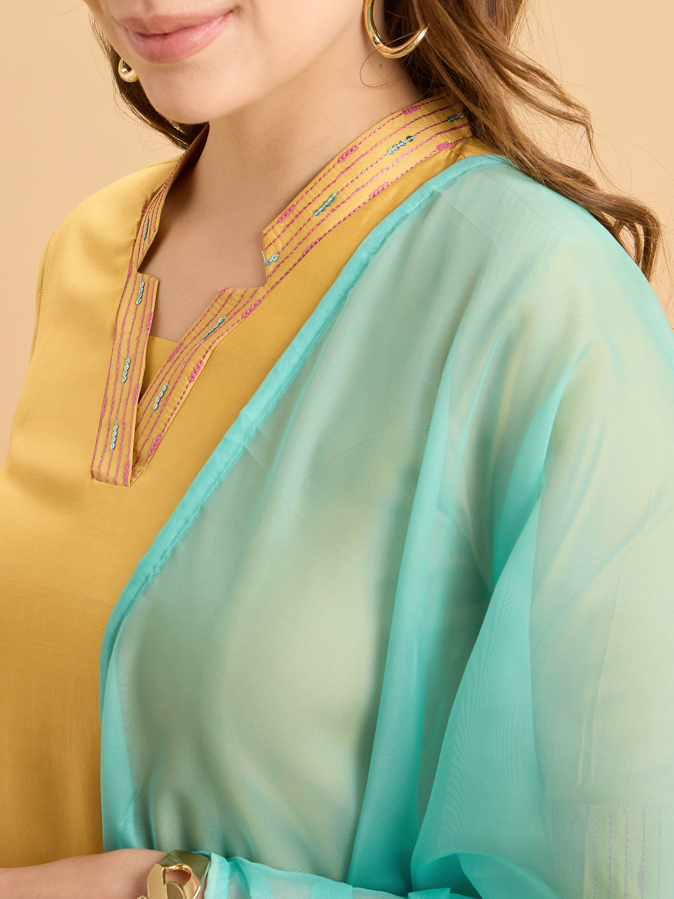 Yellow Viscose Blend Kurti Set With Sequins Work Styled With Printed Dupatta