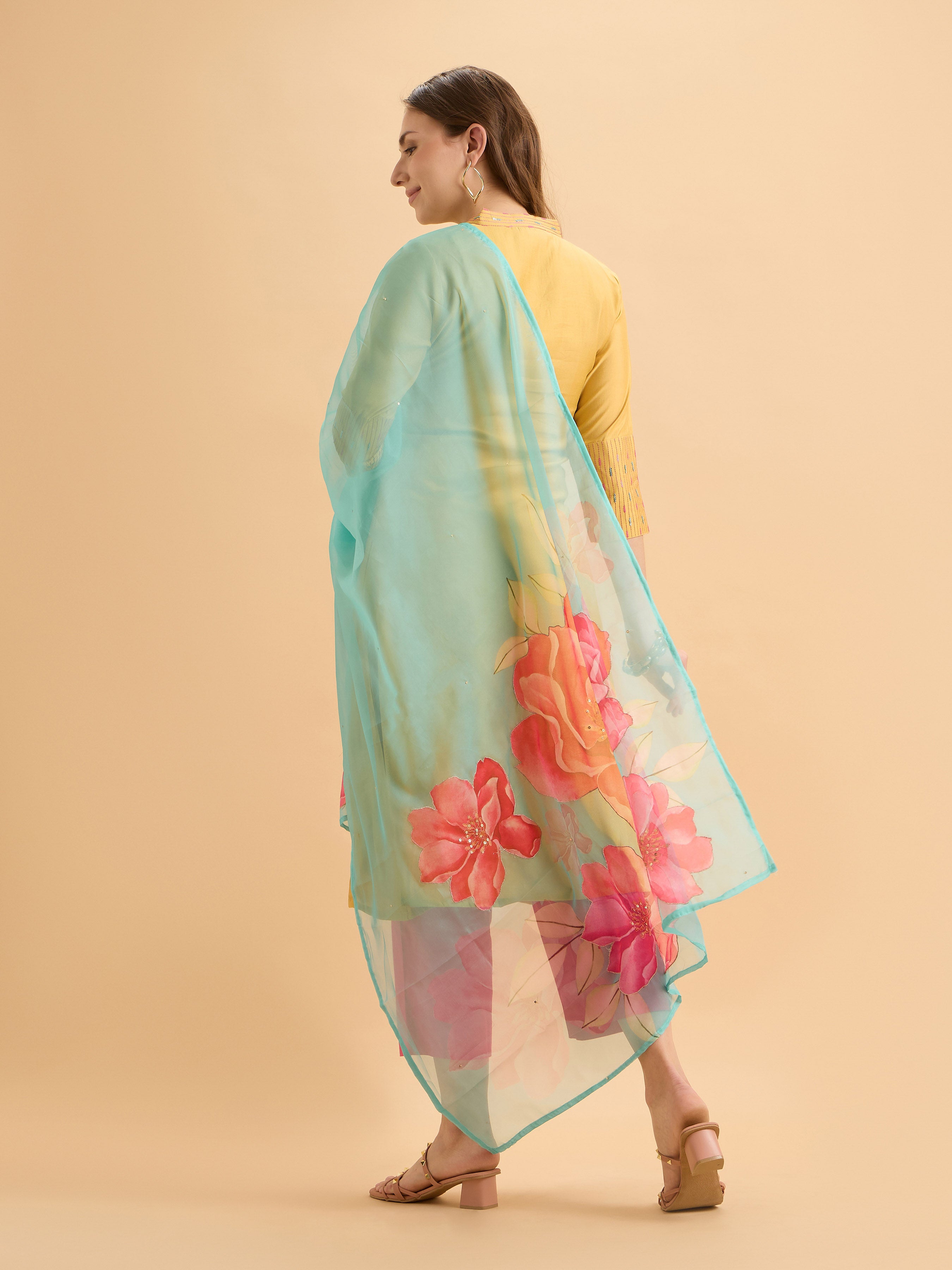 Yellow Viscose Blend Kurti Set With Sequins Work Styled With Printed Dupatta