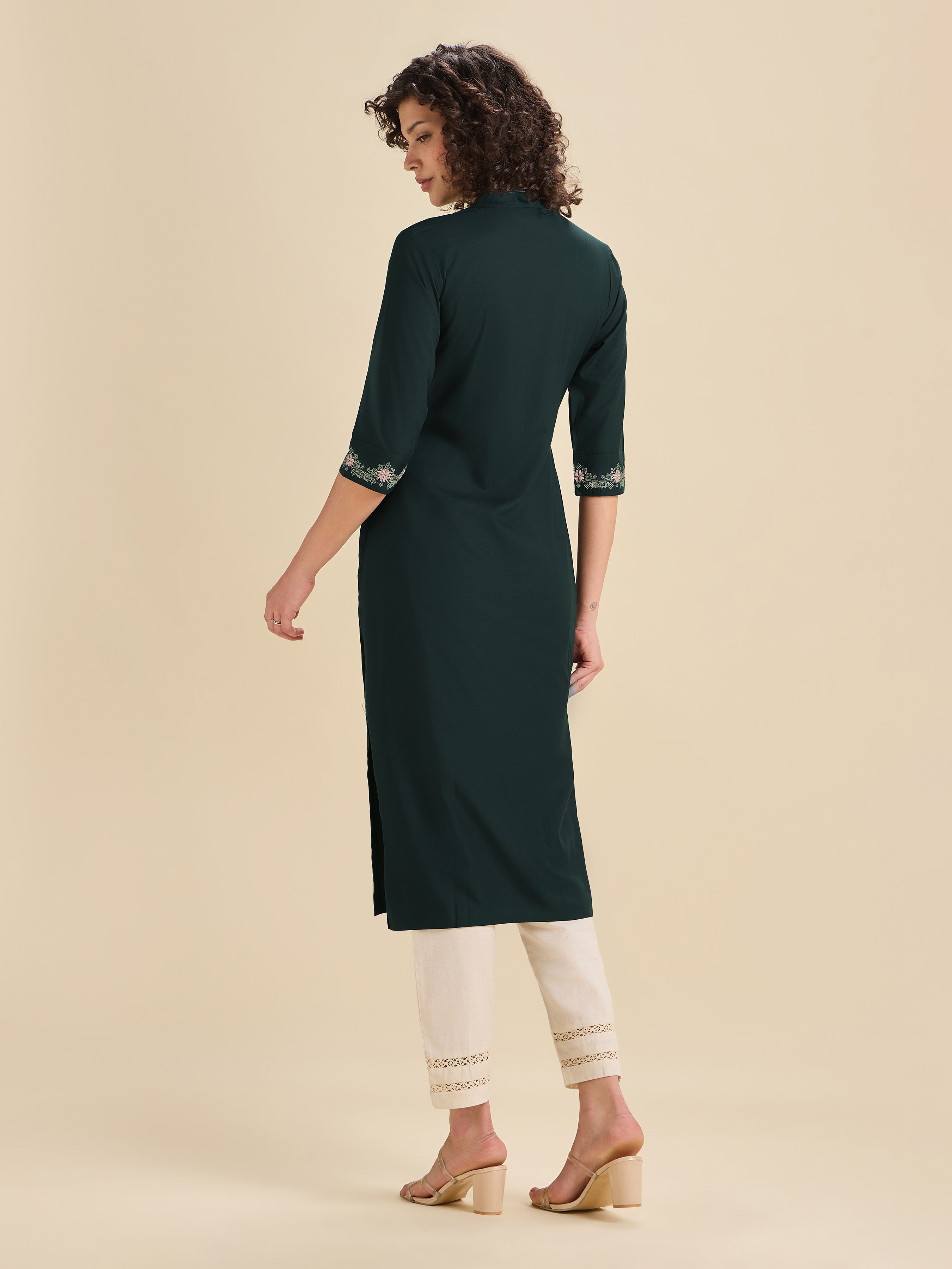 Teal Viscose Plain Slited Kurti With Cross Stitch Embroidery