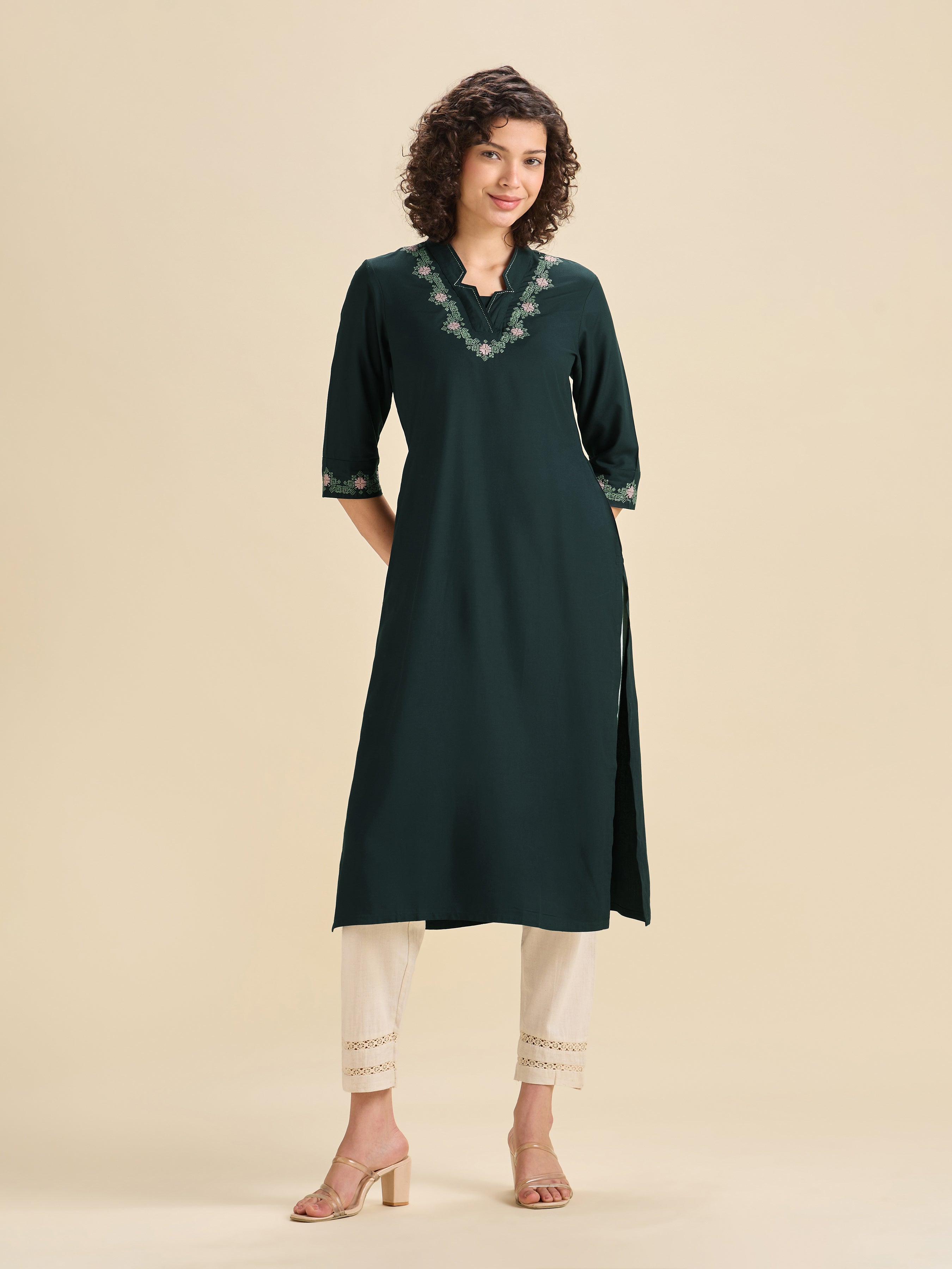 Teal Viscose Plain Slited Kurti With Cross Stitch Embroidery