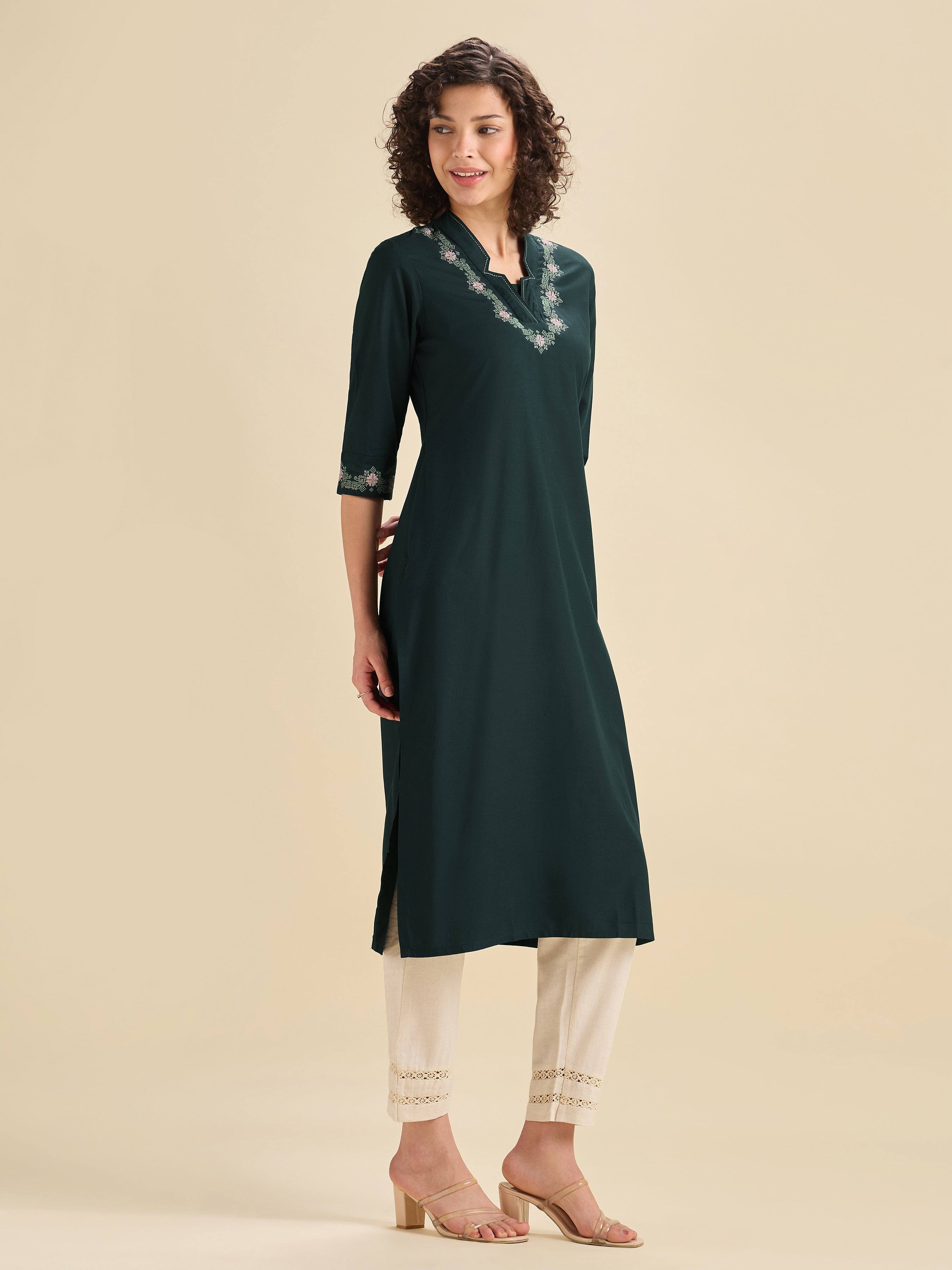 Teal Viscose Plain Slited Kurti With Cross Stitch Embroidery