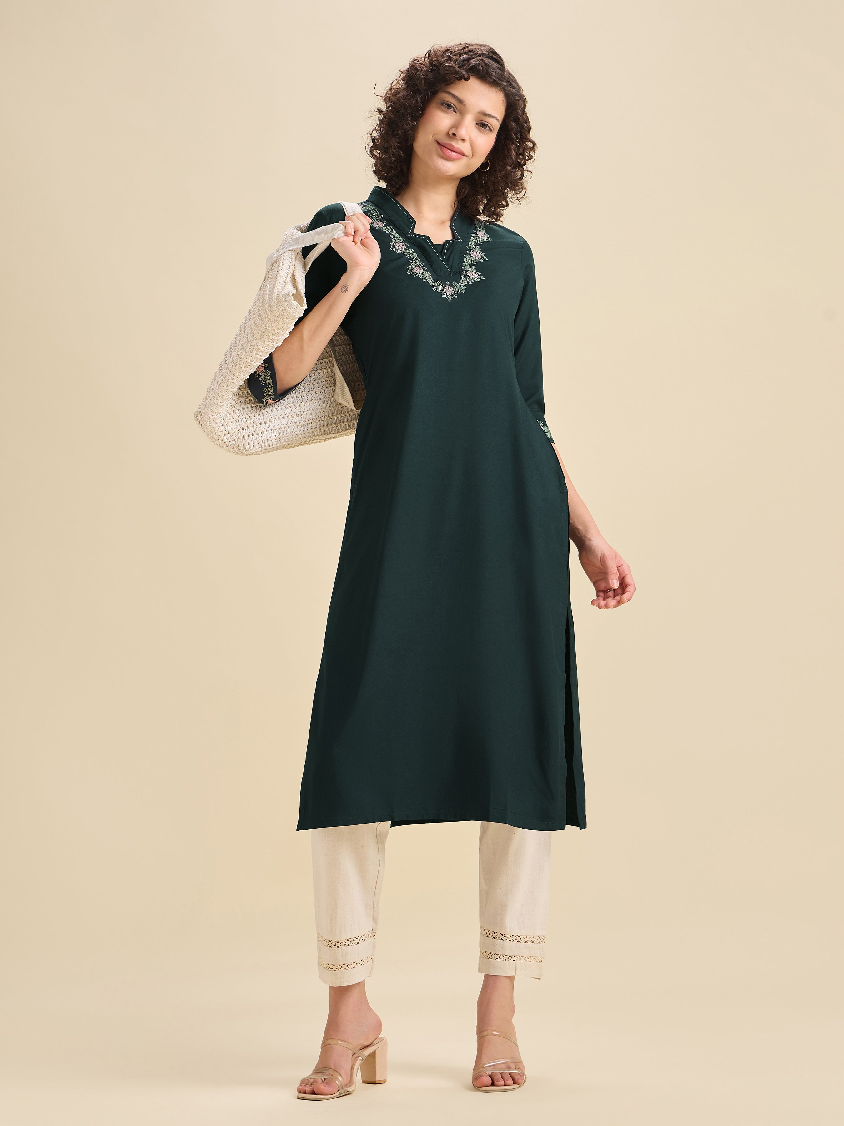Teal Viscose Plain Slited Kurti With Cross Stitch Embroidery