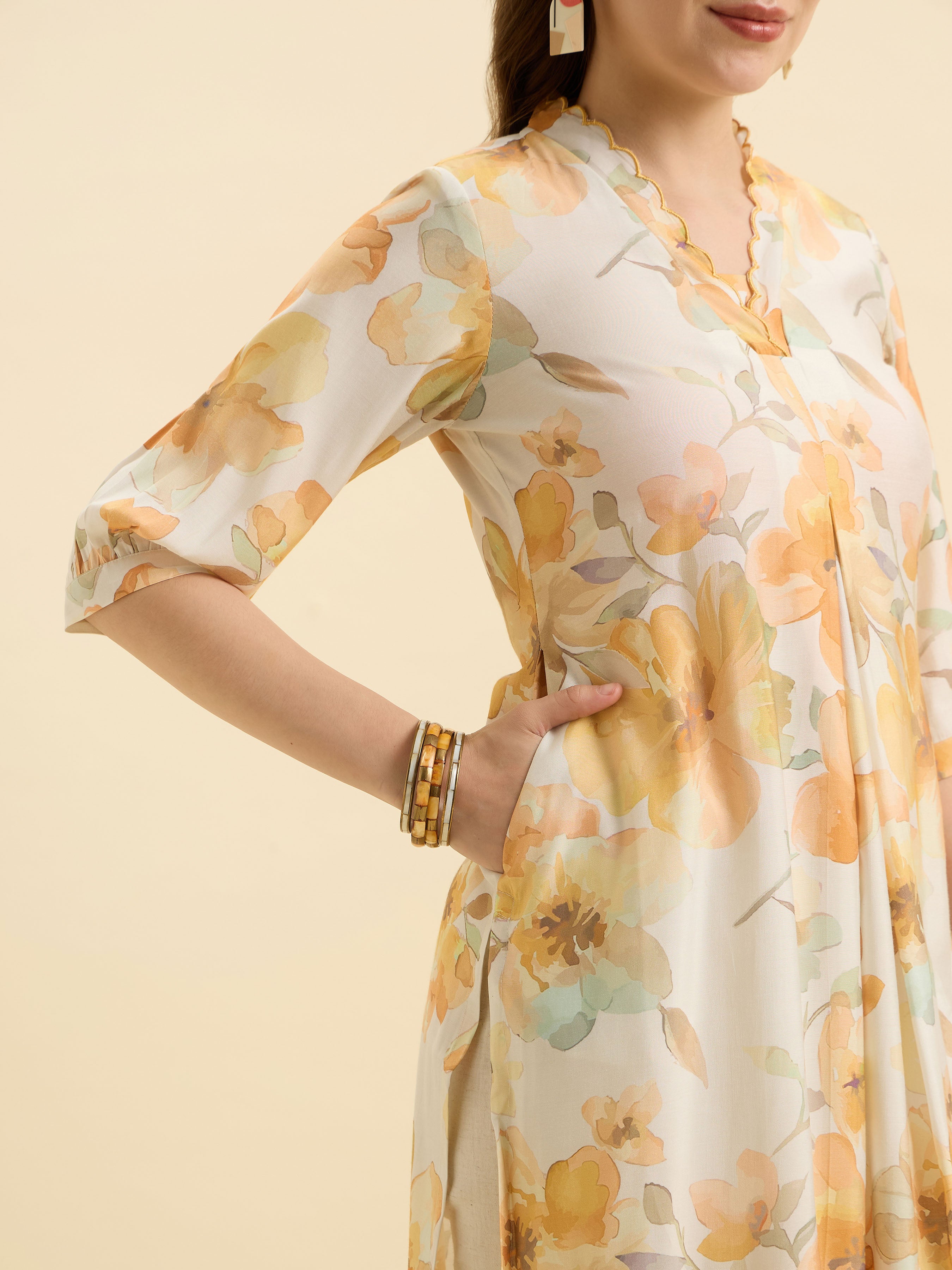 White Multicolour Modal Chanderi Printed Slited Kurti With Box Pleat And Scallop Embroidery