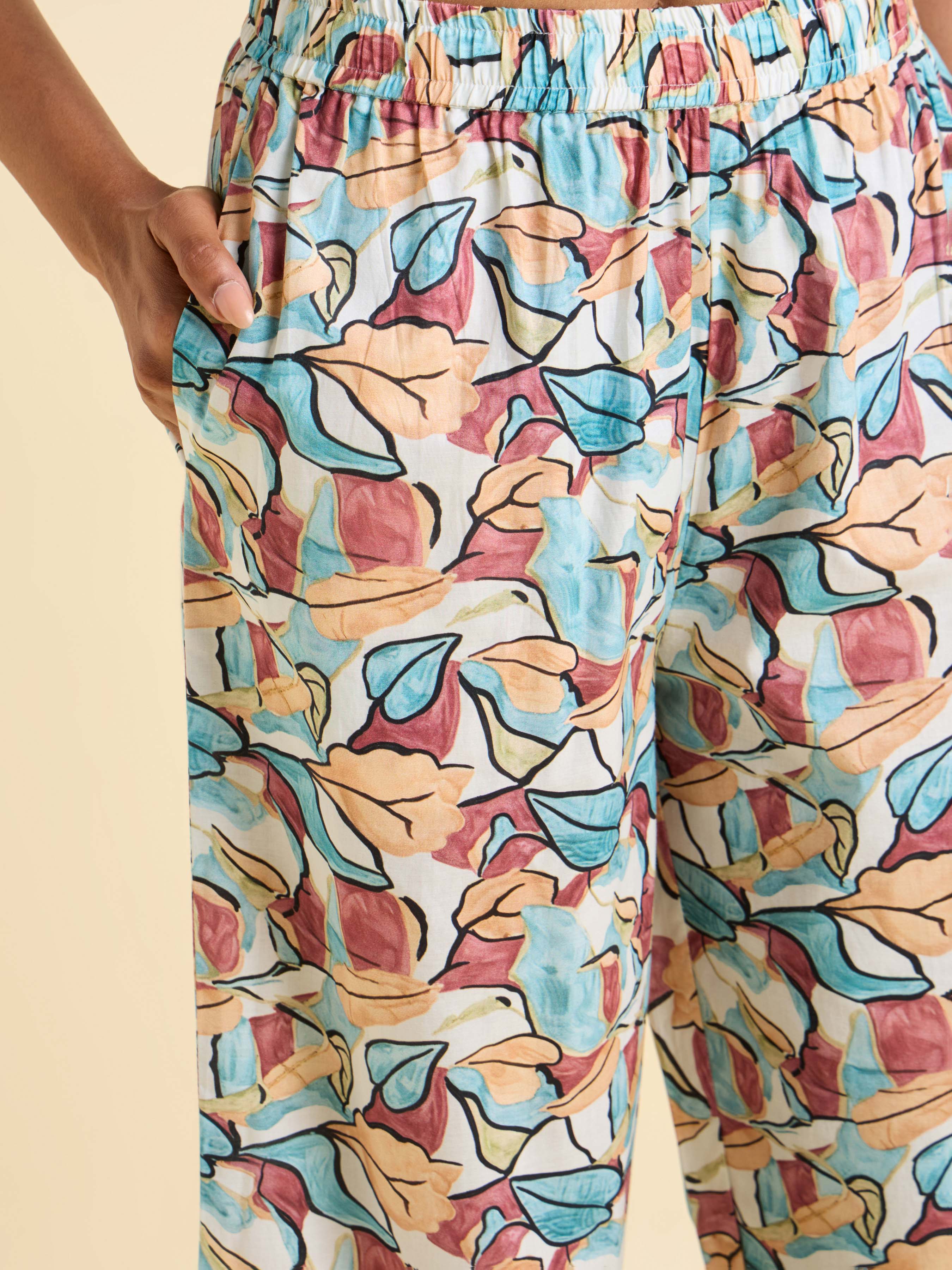 White Multi Colour Cotton Printed Kurti Set With Bottom