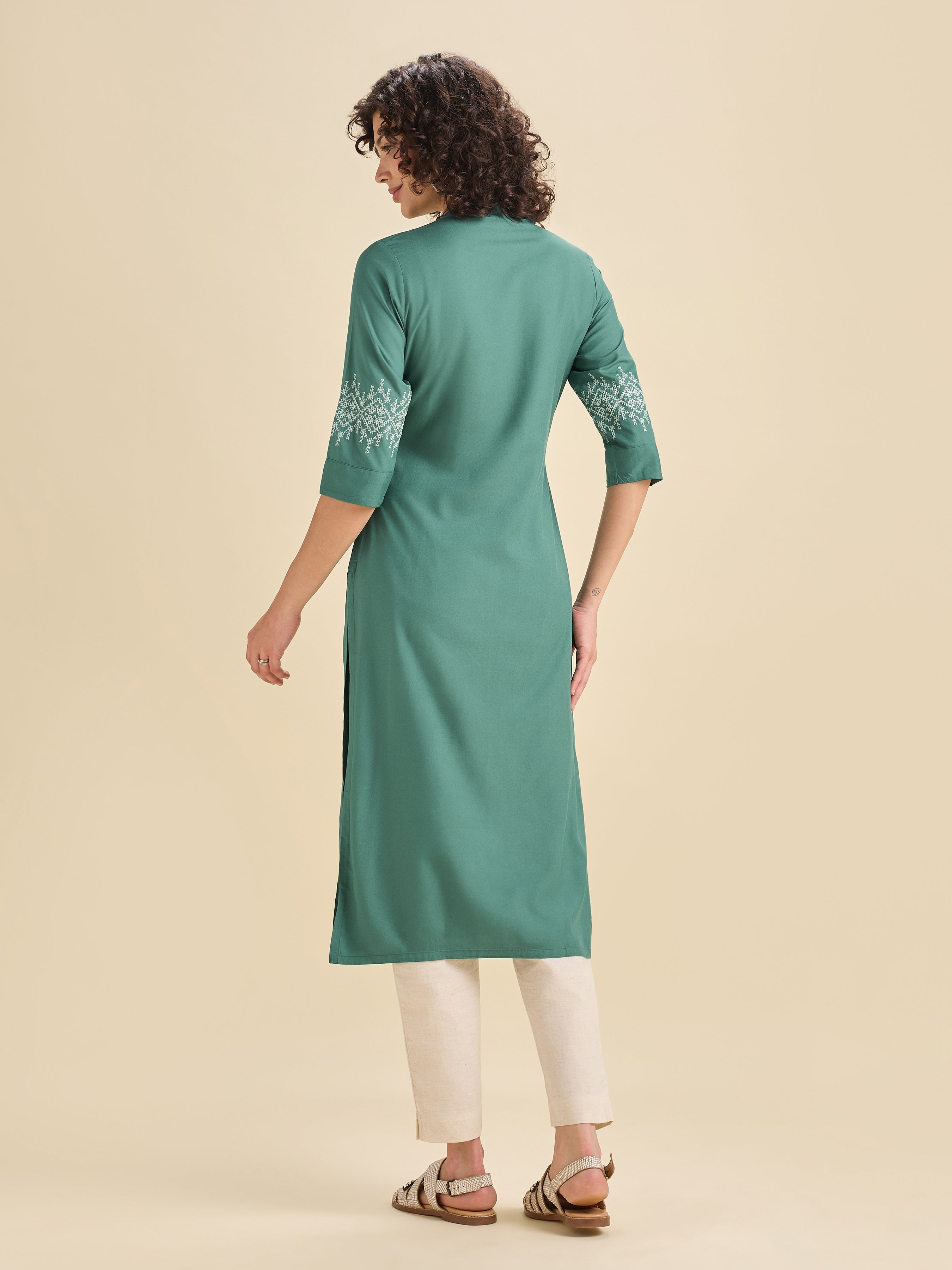 Teal Viscose Plain Slitted Center Panel Kurti With Embroidery