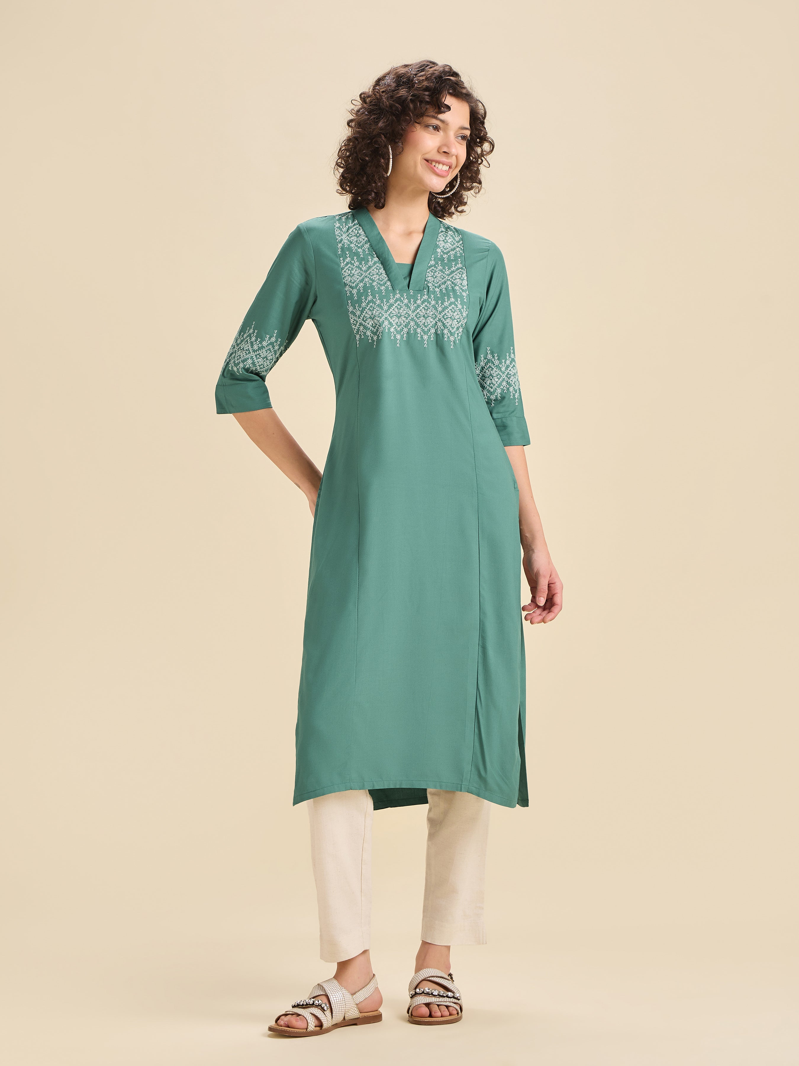 Teal Viscose Plain Slitted Center Panel Kurti With Embroidery
