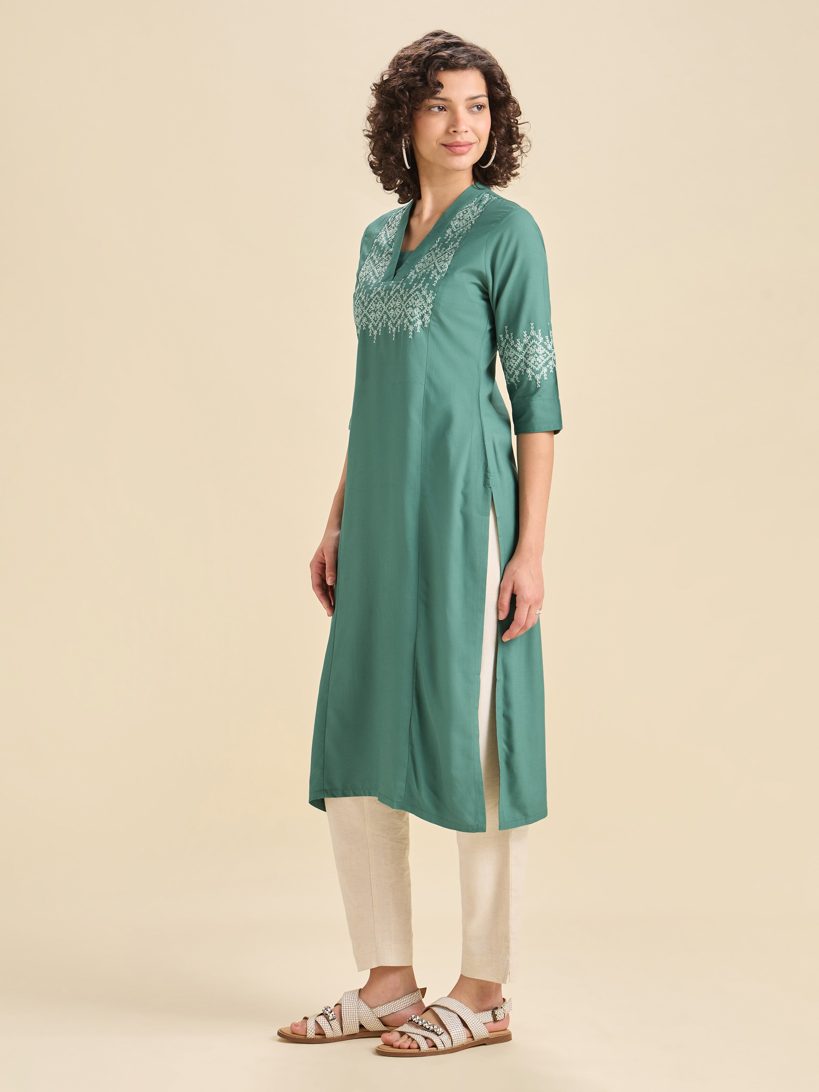 Teal Viscose Plain Slitted Center Panel Kurti With Embroidery