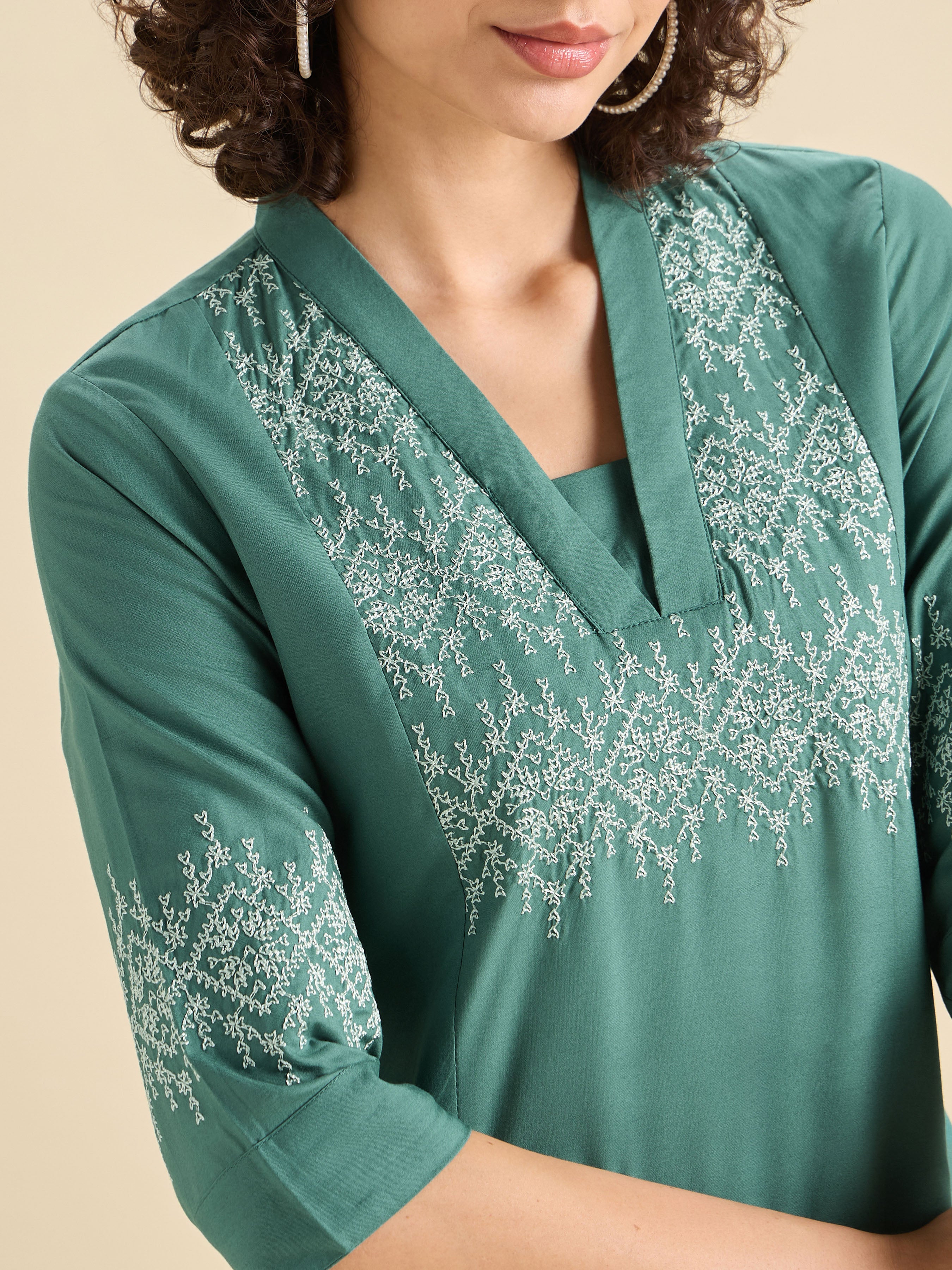 Teal Viscose Plain Slitted Center Panel Kurti With Embroidery
