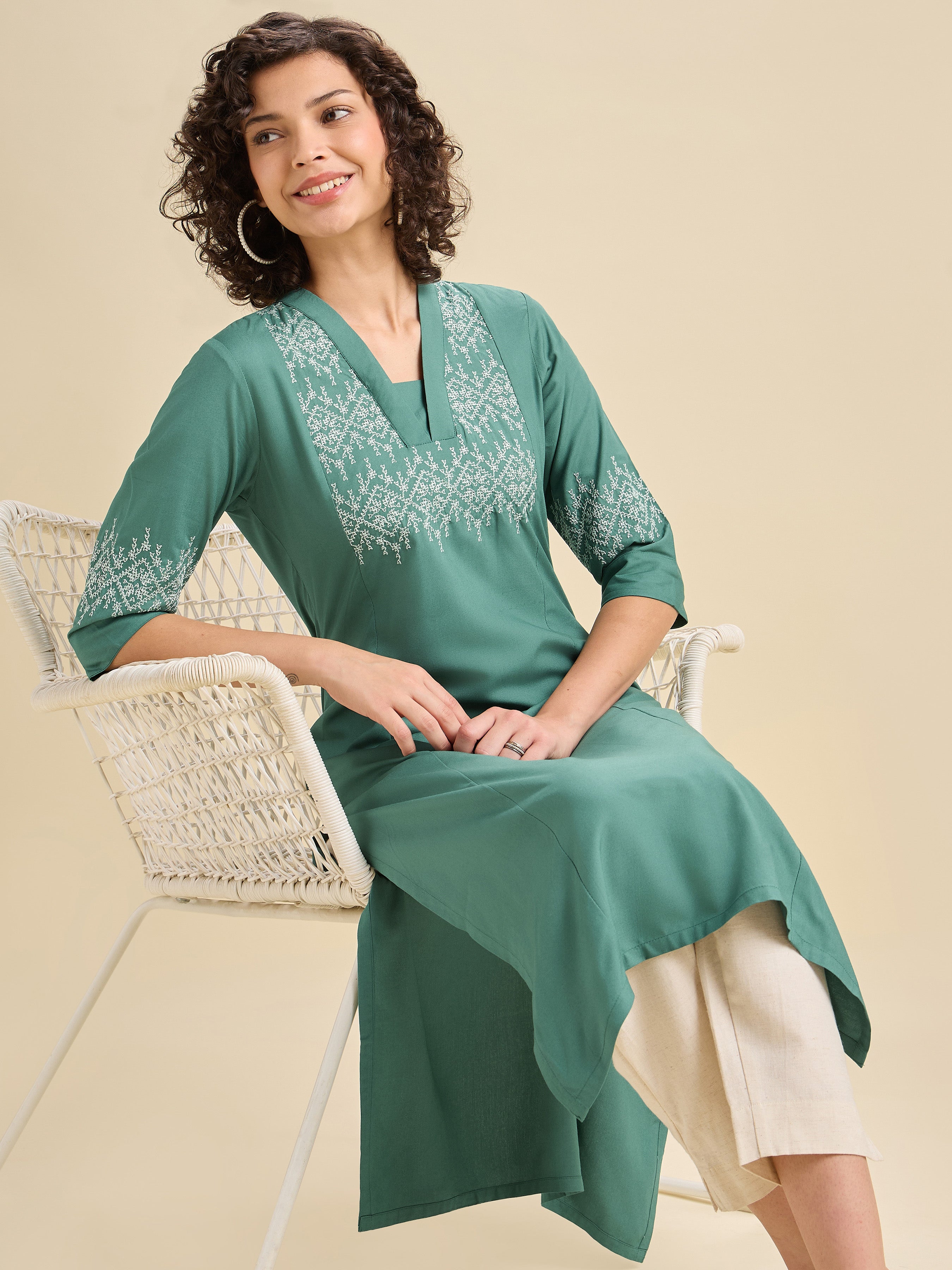 Teal Viscose Plain Slitted Center Panel Kurti With Embroidery