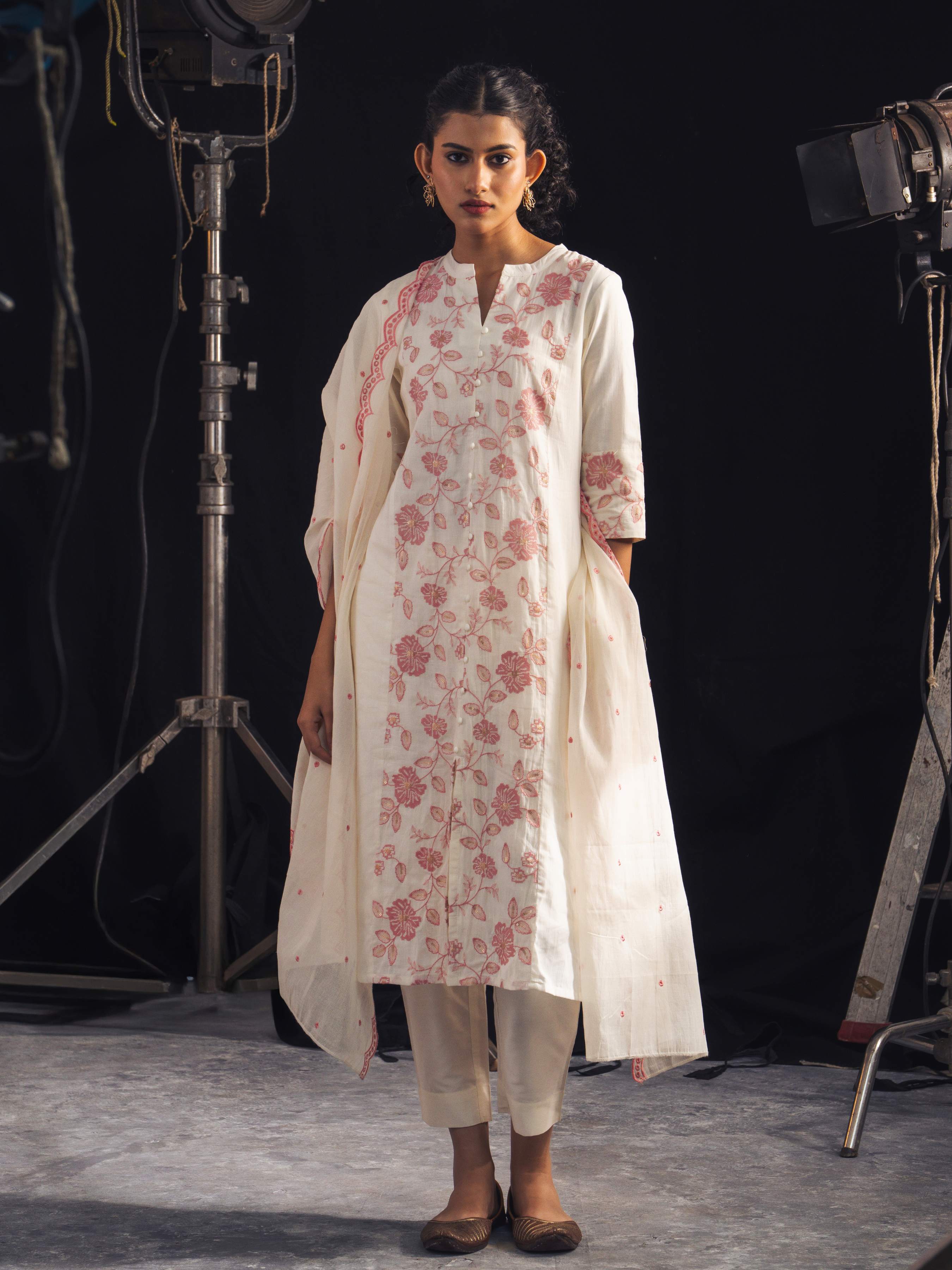 Ivory Pink Pure Cotton Plain Flared Kurti Set With Sequins Embroidery And Dupatta