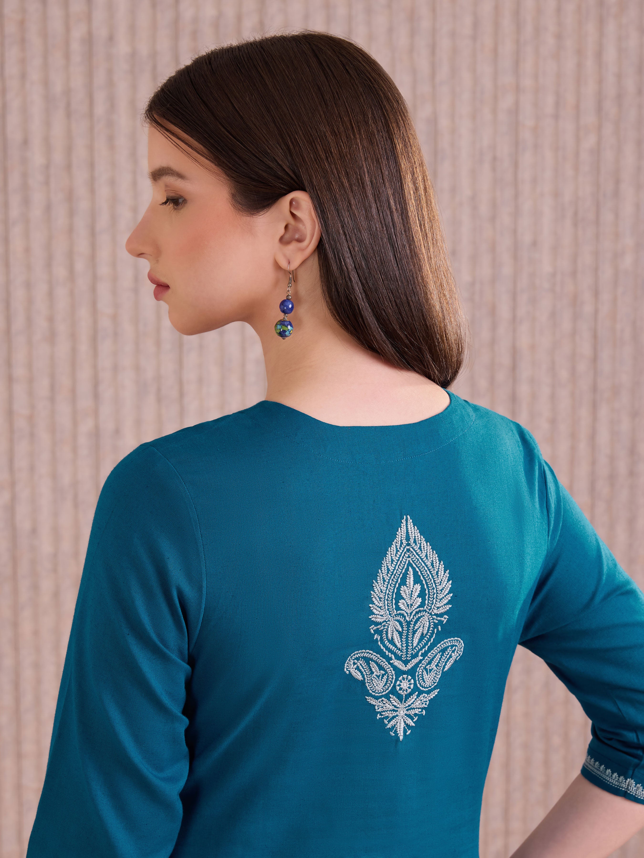 Blue Cotton Flax Kurti With Embroidery