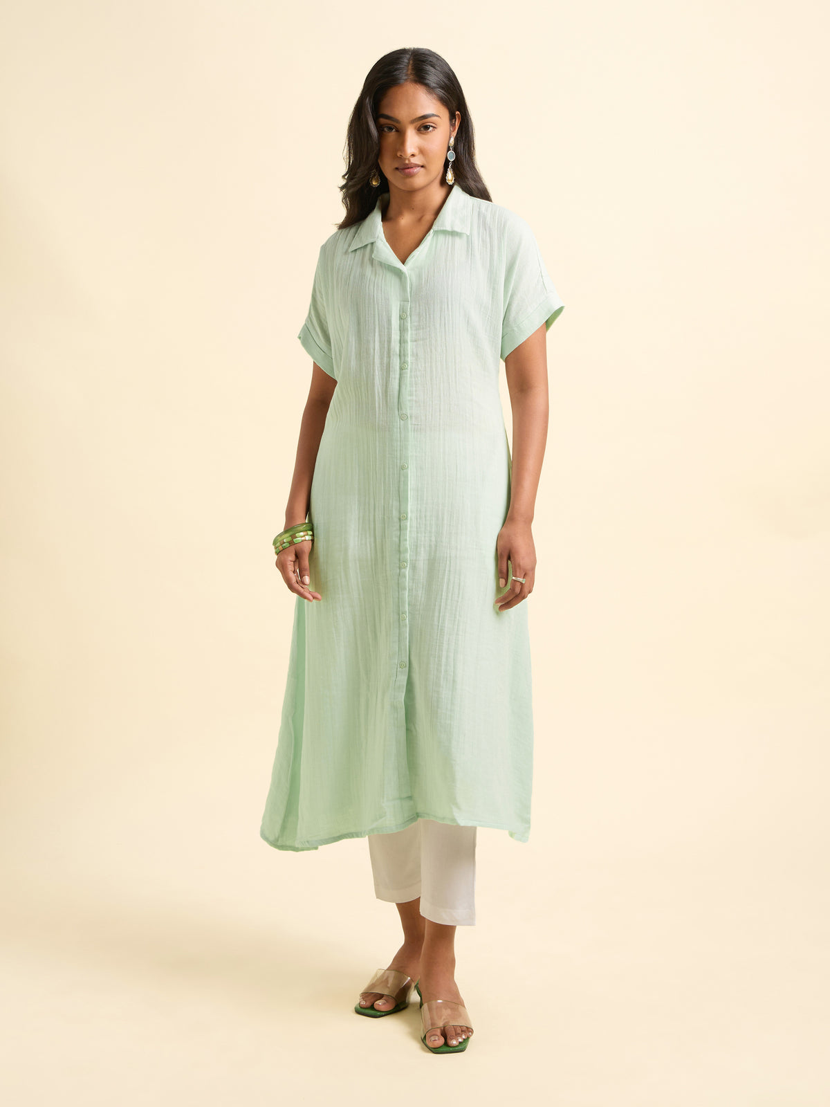 Pista Green Cotton Double Cloth Flared Kurti With Extended Shoulder Sleeve