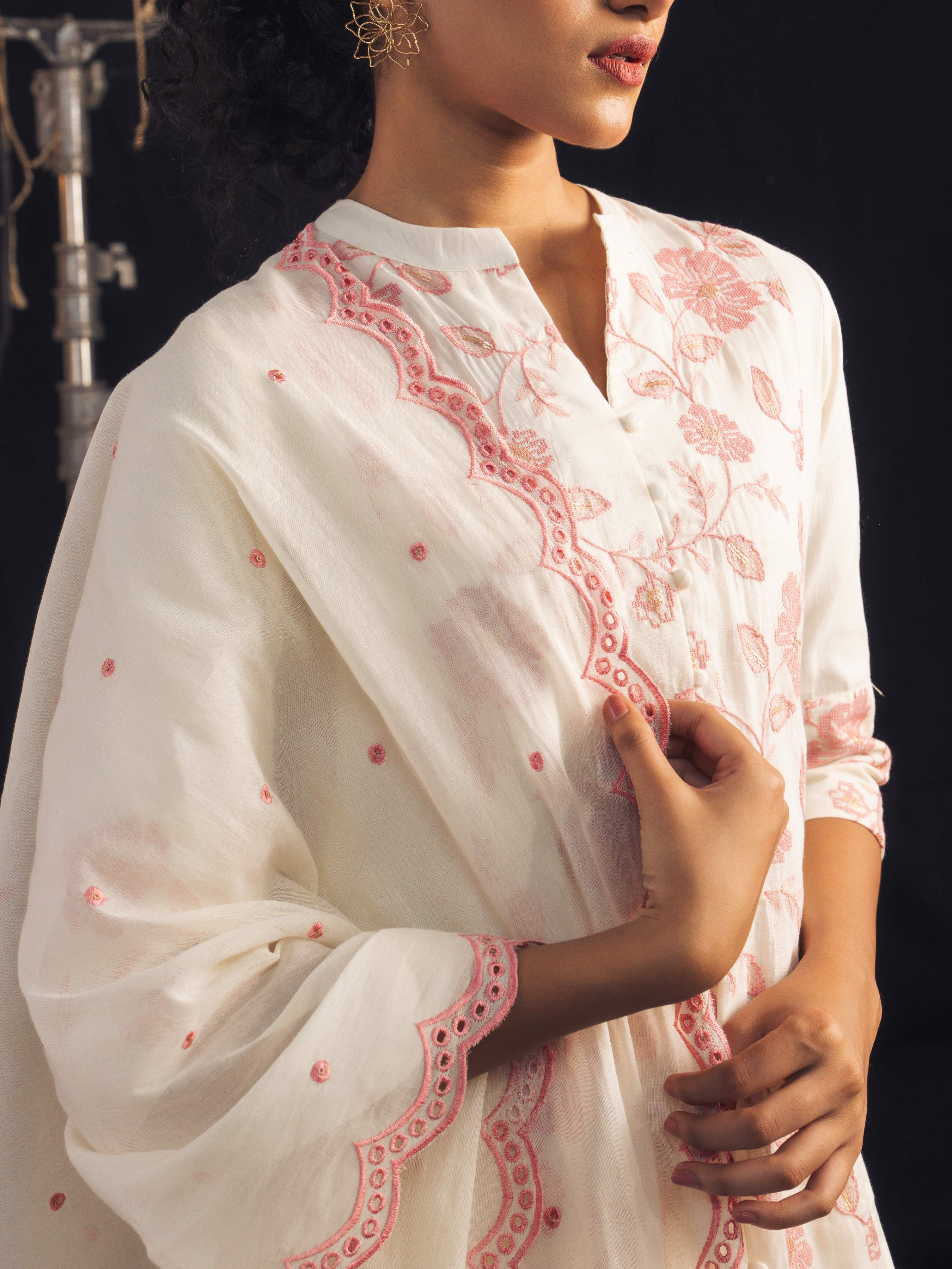 Ivory Pink Pure Cotton Plain Flared Kurti Set With Sequins Embroidery And Dupatta