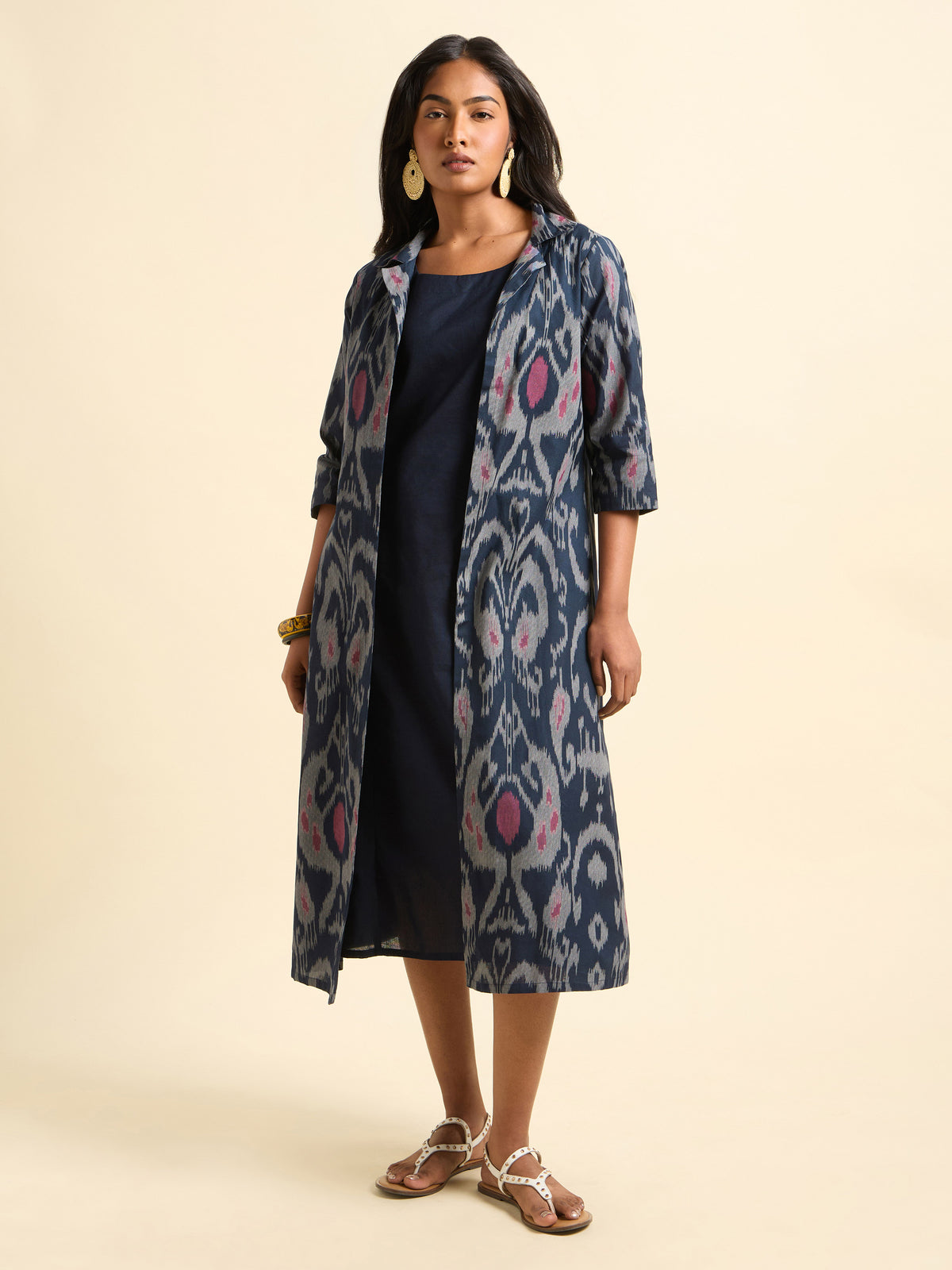 Navy Blue Multi-Colour Cotton Flax Printed Kurti With Separate Sleeveless Inner