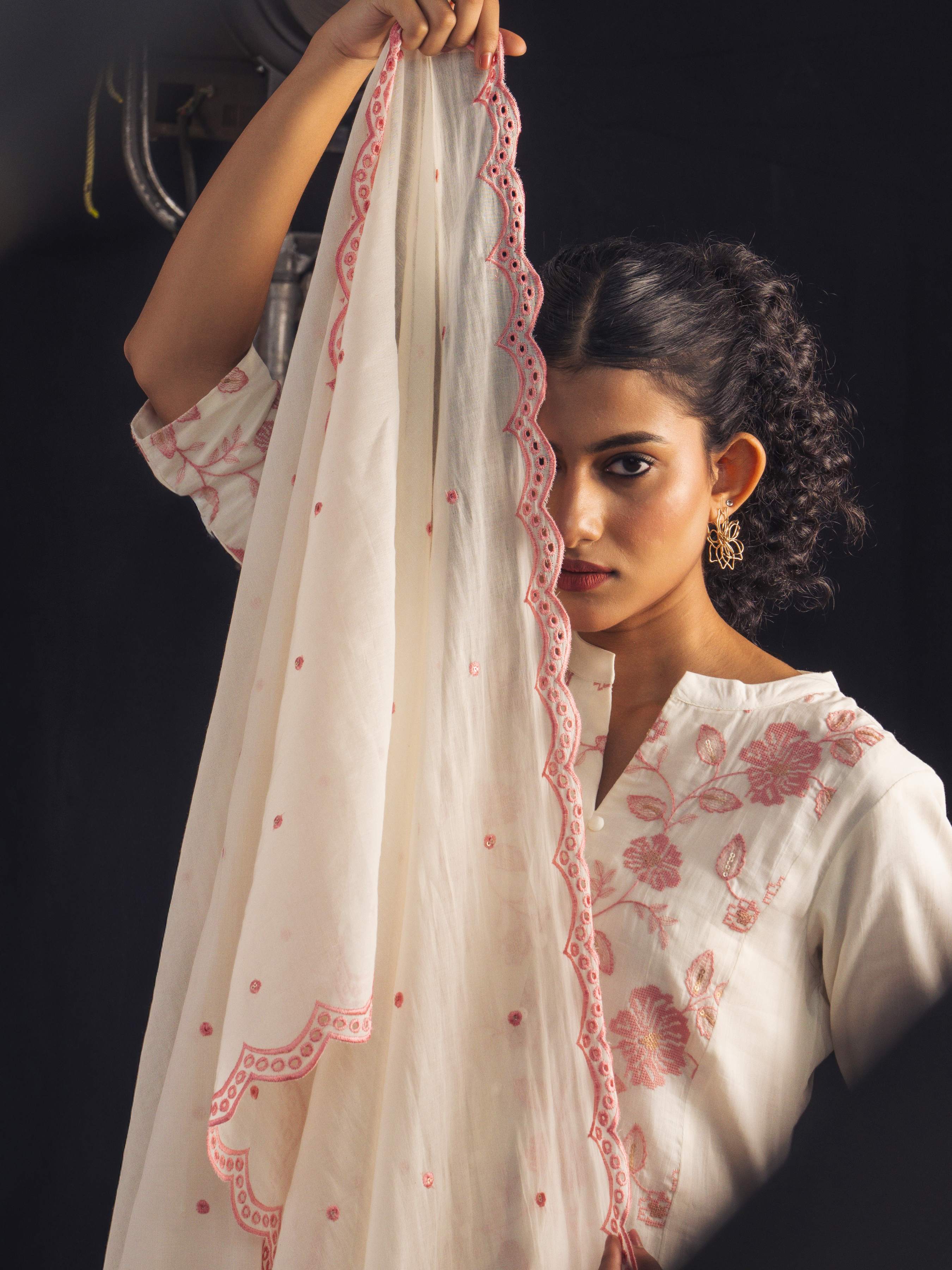 Ivory Pink Pure Cotton Plain Flared Kurti Set With Sequins Embroidery And Dupatta