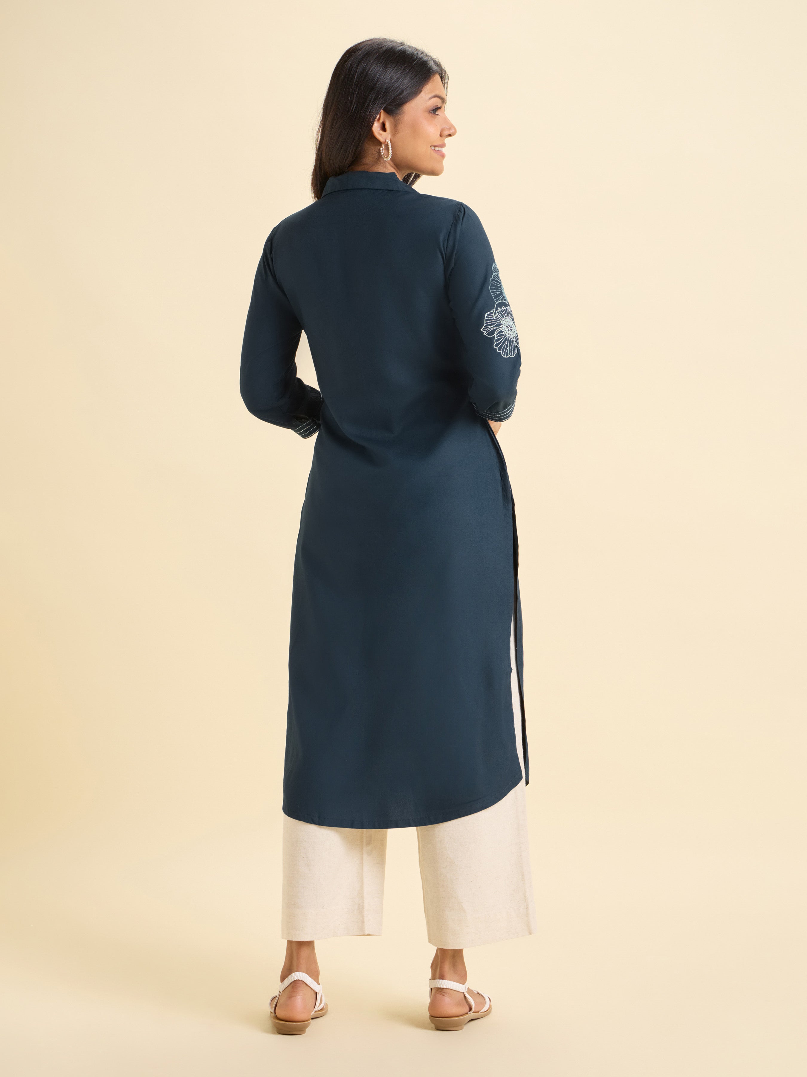 Teal Viscose Plain Slitted Kurti With Embroidery