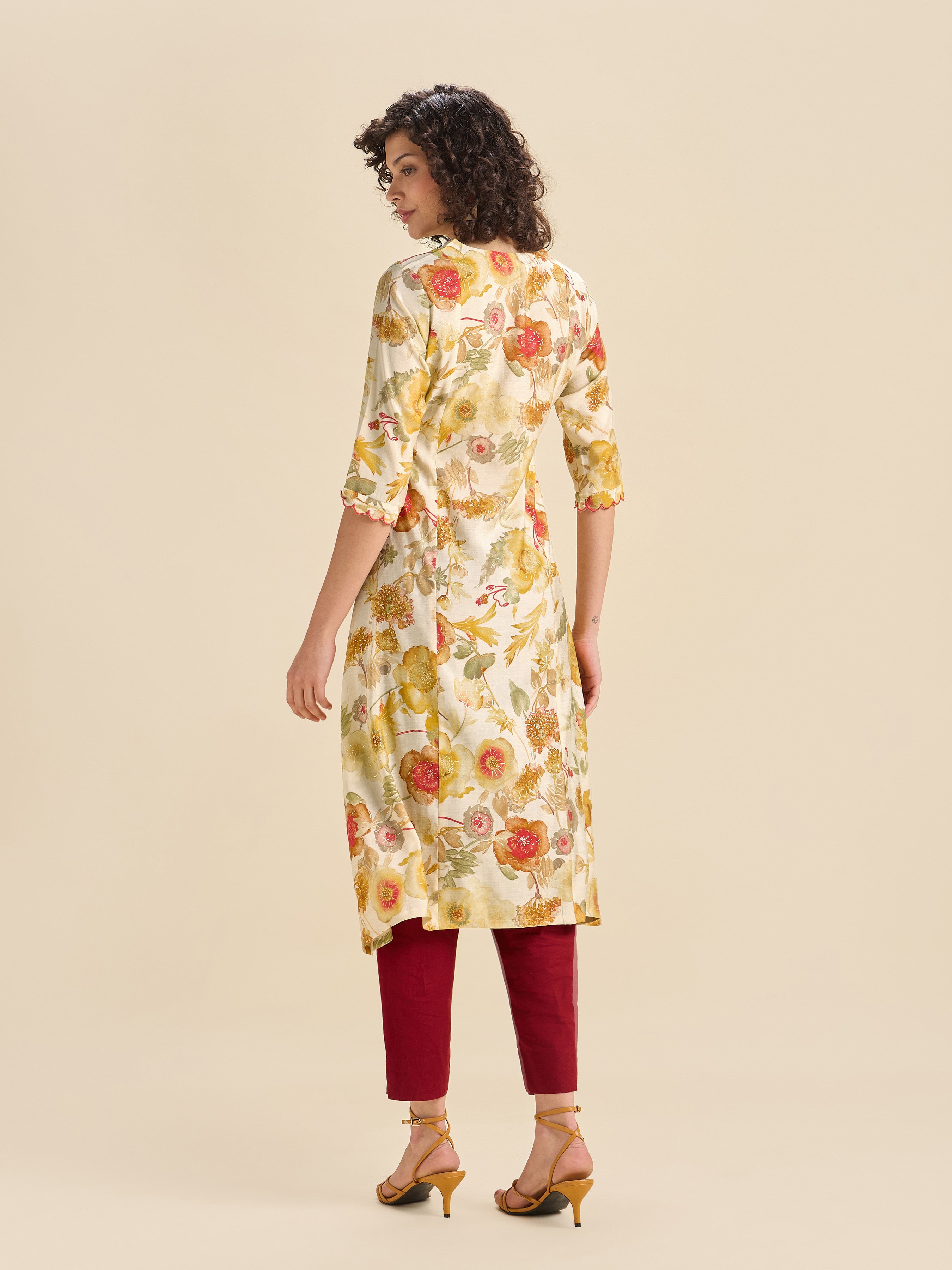 Multi Coloured Modal Chanderi Printed Flared Center Panel Kurti With Mirror Work & Scalloped Embroidery