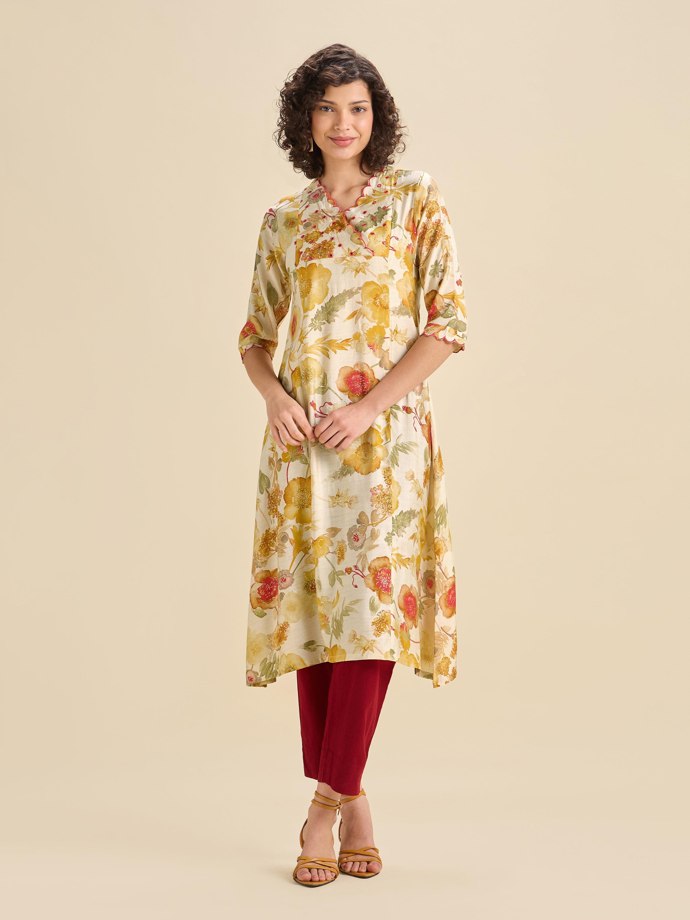 Multi Coloured Modal Chanderi Printed Flared Center Panel Kurti With Mirror Work & Scalloped Embroidery