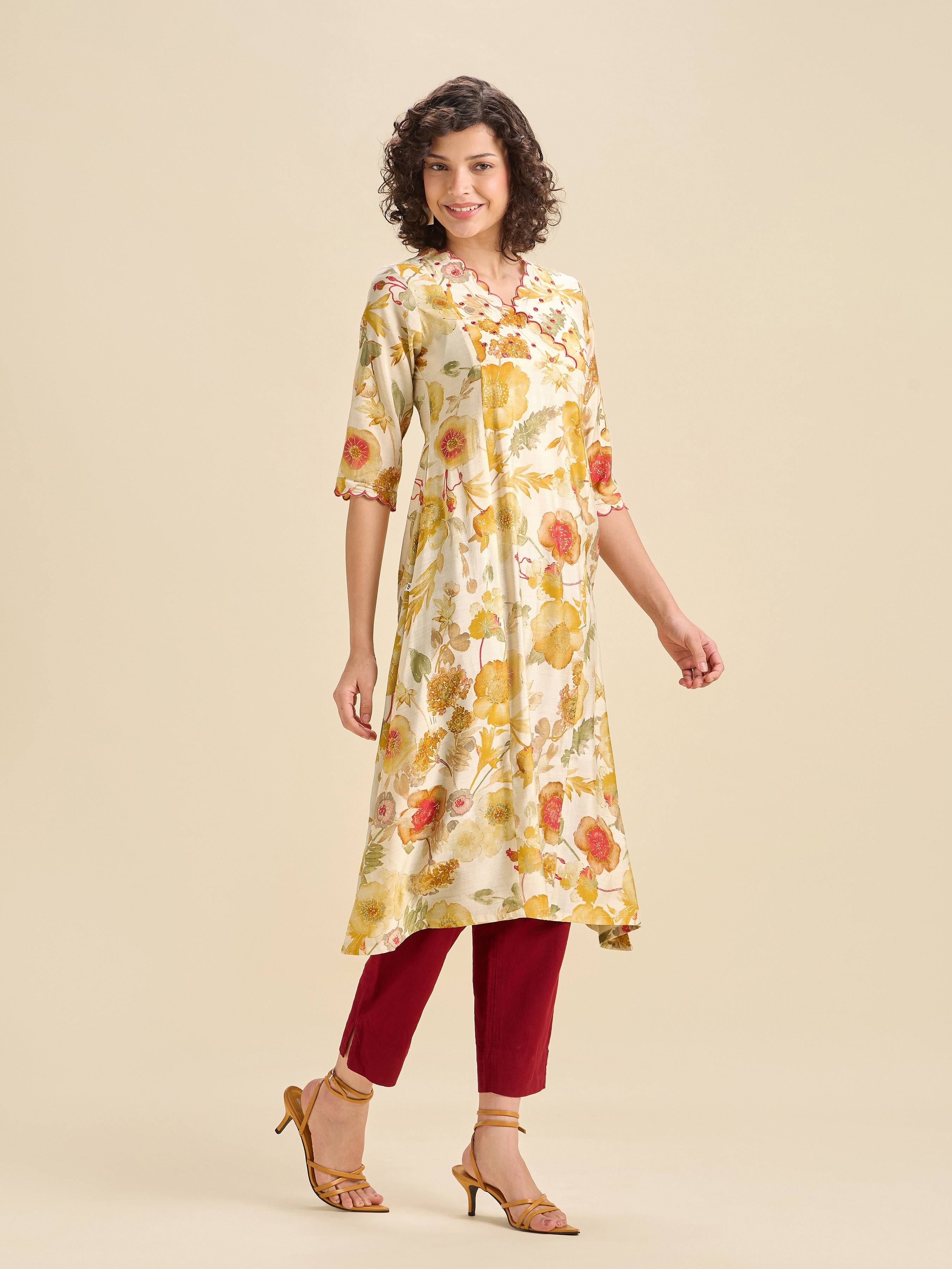 Multi Coloured Modal Chanderi Printed Flared Center Panel Kurti With Mirror Work & Scalloped Embroidery