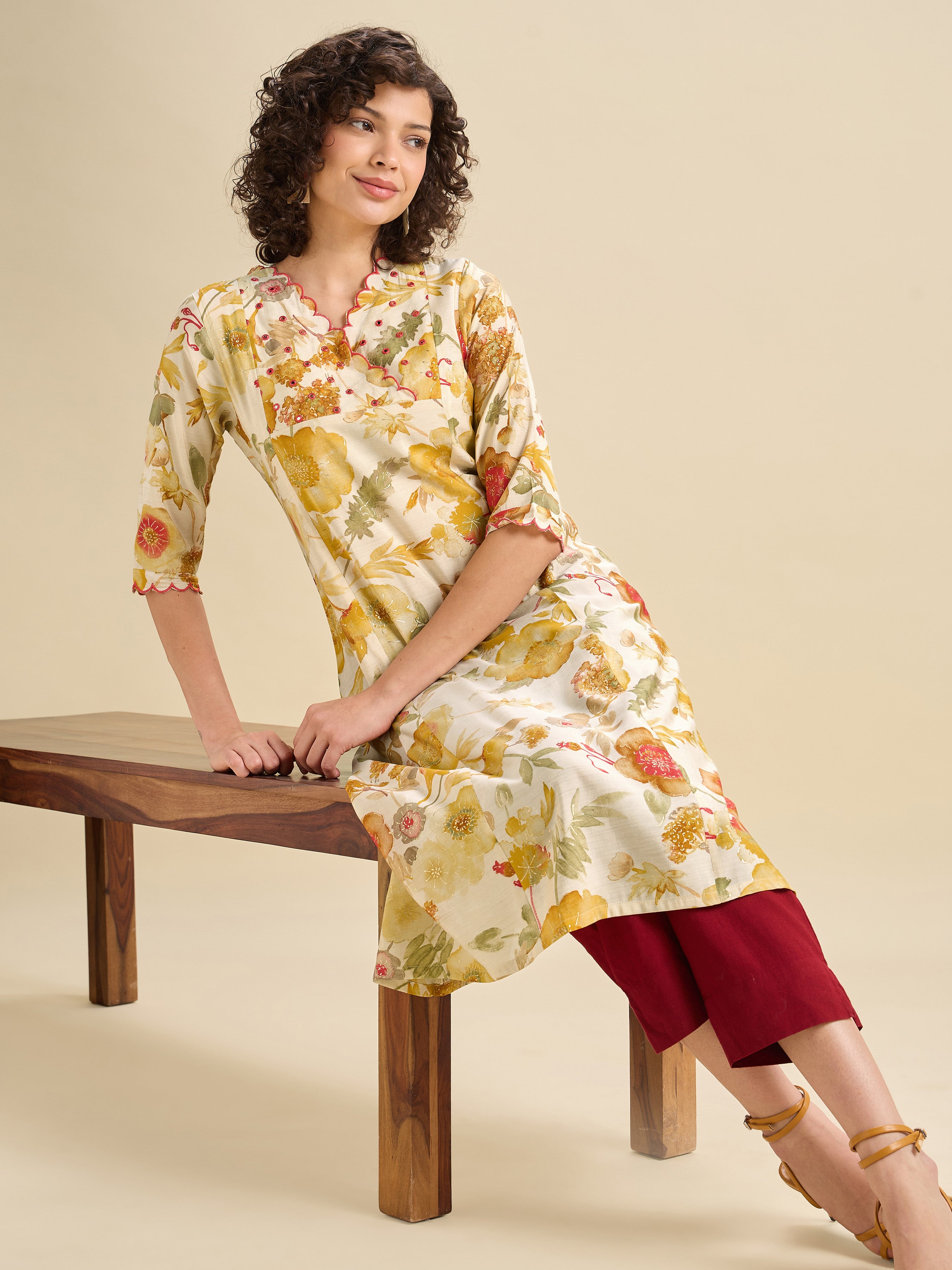 Multi Coloured Modal Chanderi Printed Flared Center Panel Kurti With Mirror Work & Scalloped Embroidery