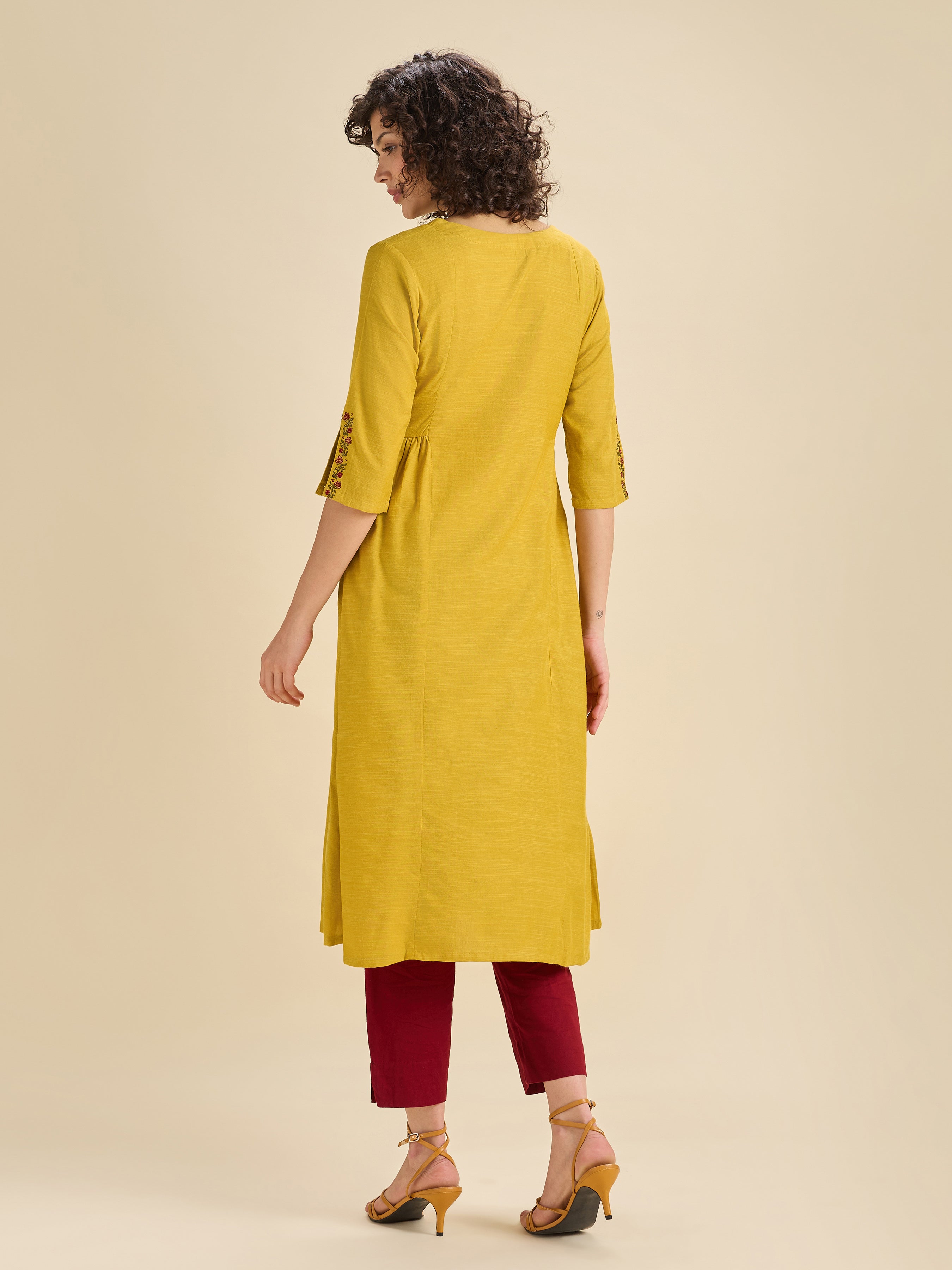 Yellow Cotton Viscose Flared Kurti With Embroidery