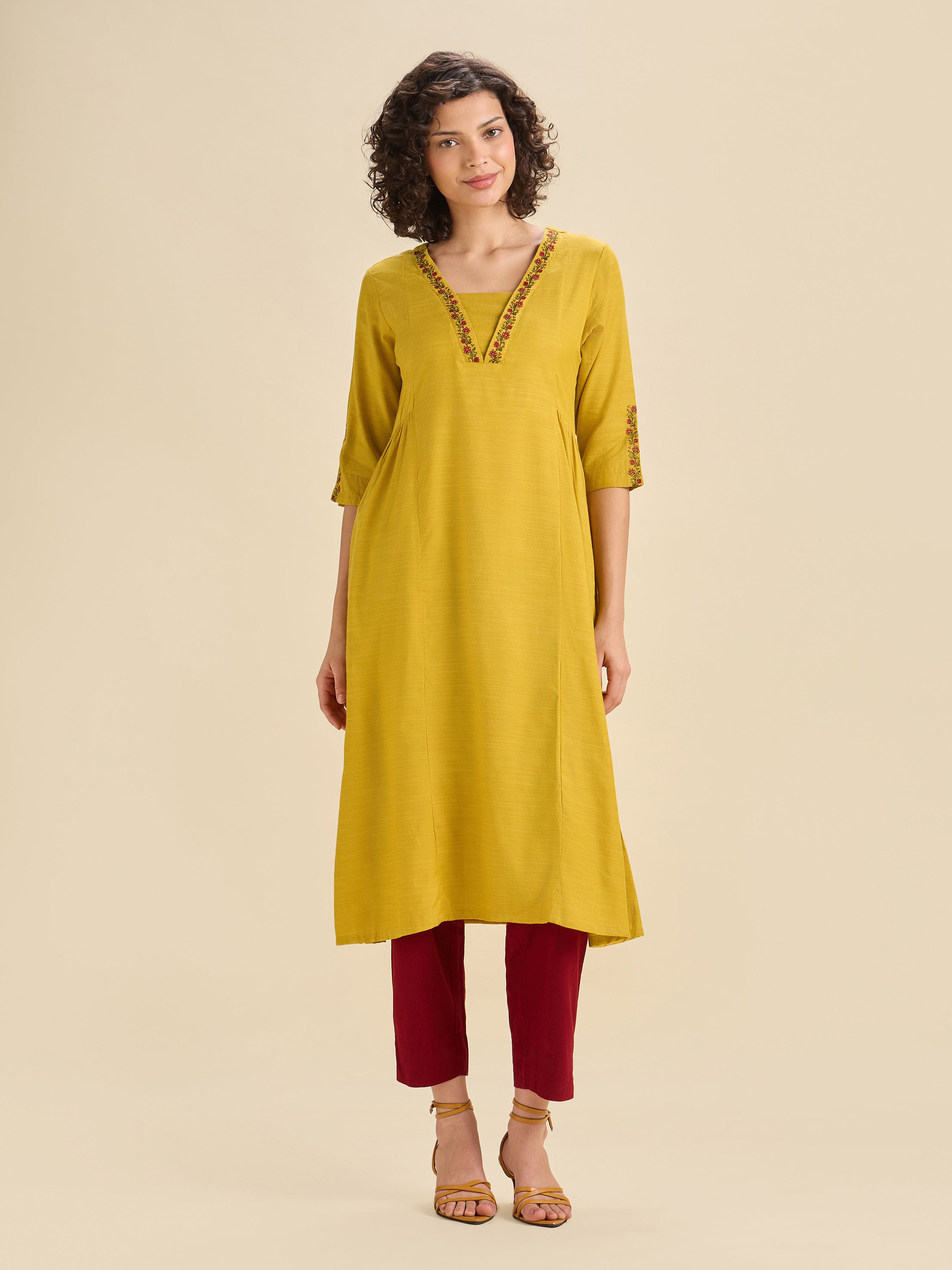 Yellow Cotton Viscose Flared Kurti With Embroidery