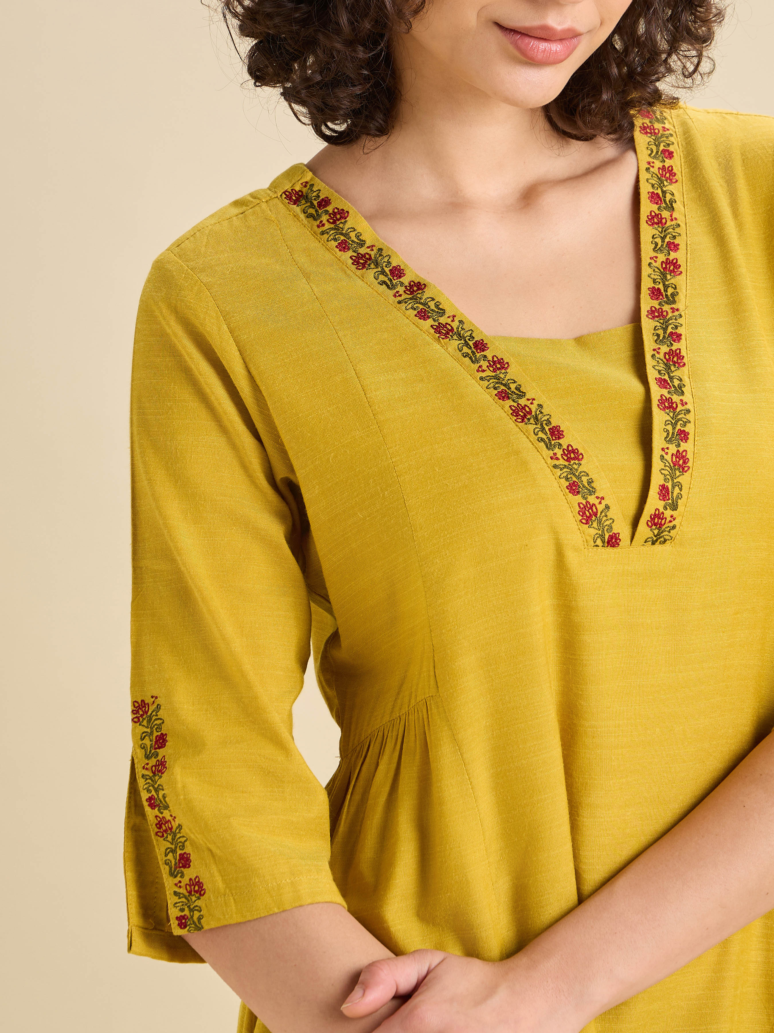 Yellow Cotton Viscose Flared Kurti With Embroidery