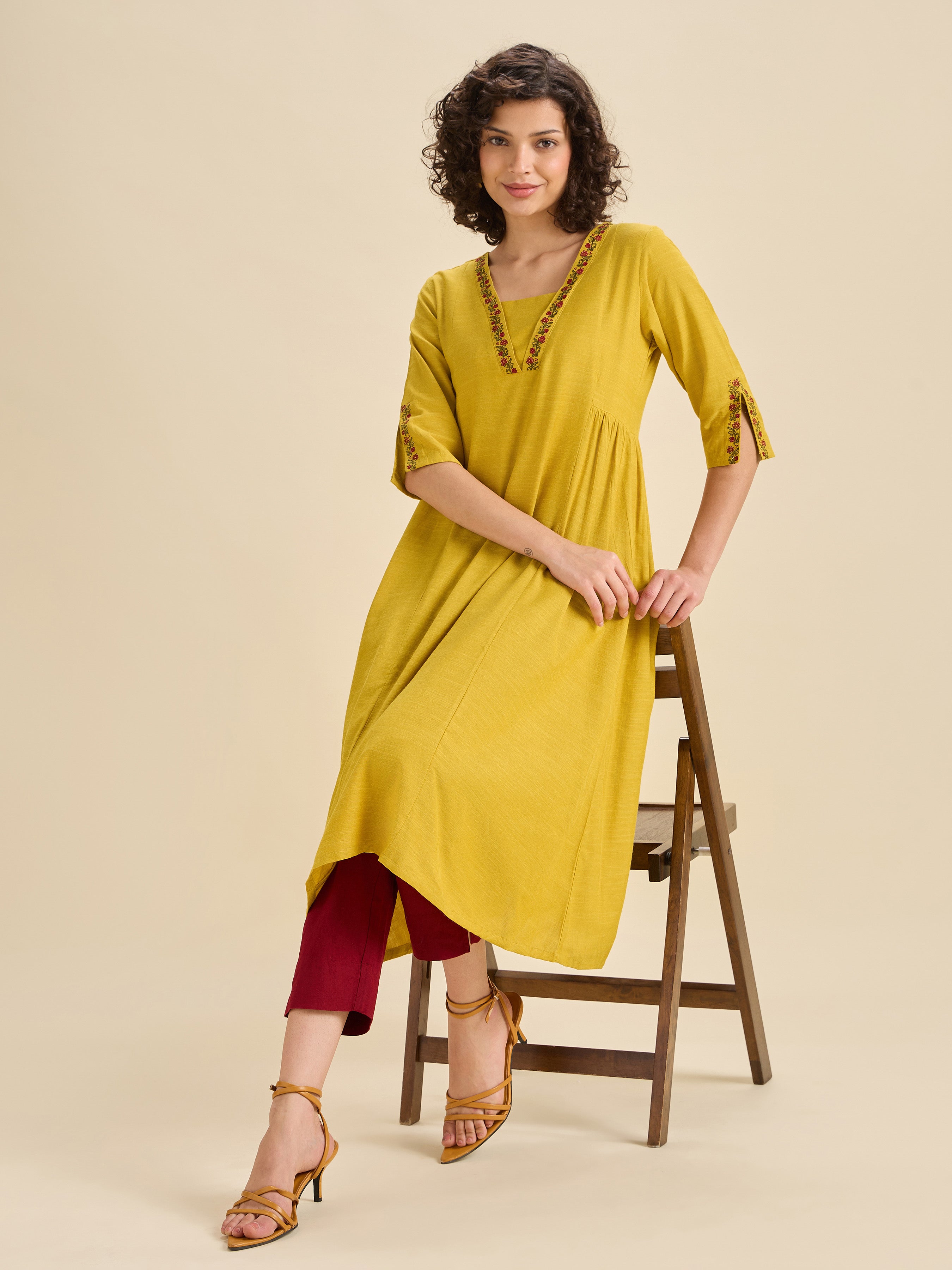 Yellow Cotton Viscose Flared Kurti With Embroidery