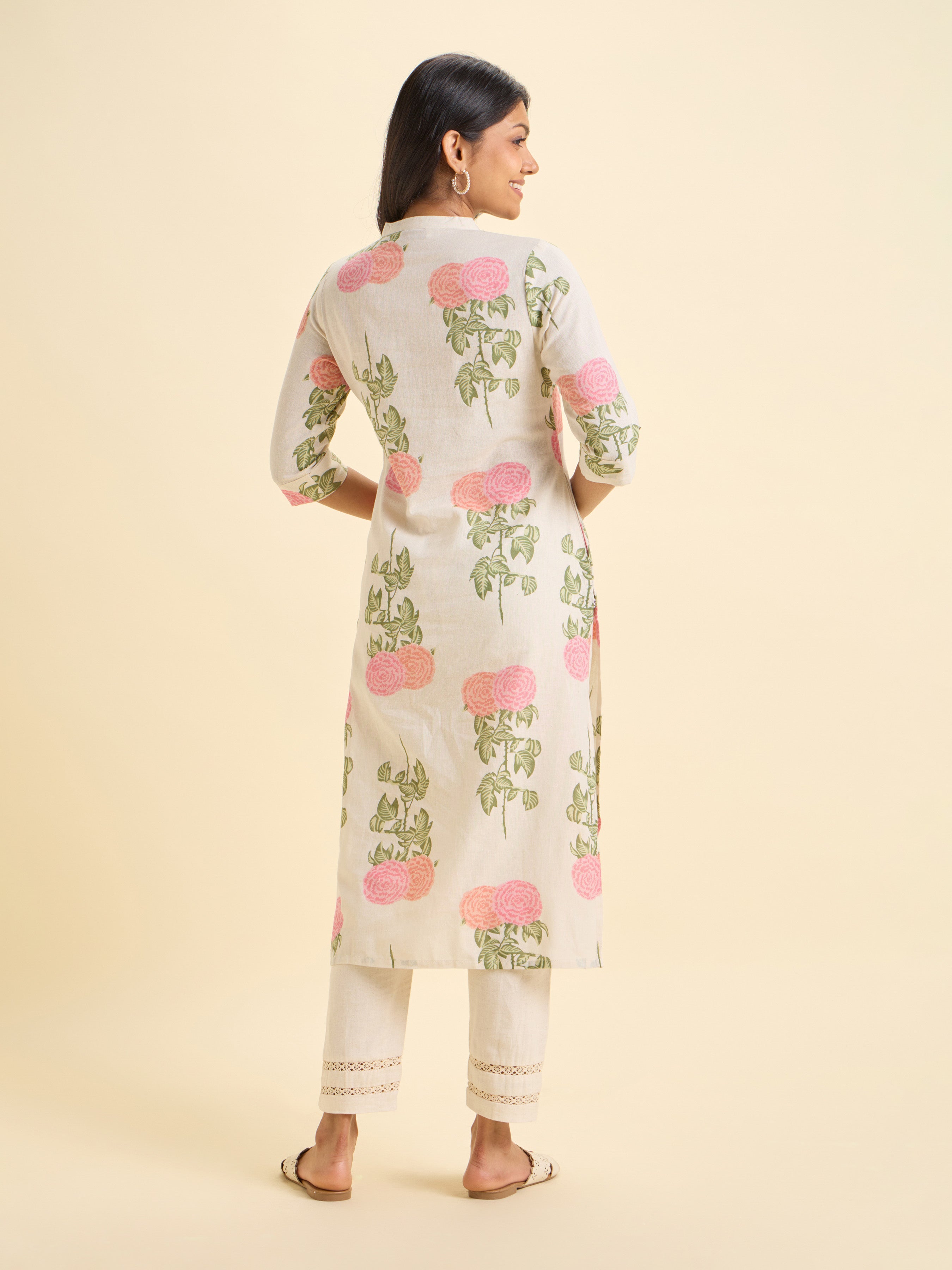 White Multi Colour Cotton Flax Printed Princess Cut Kurti