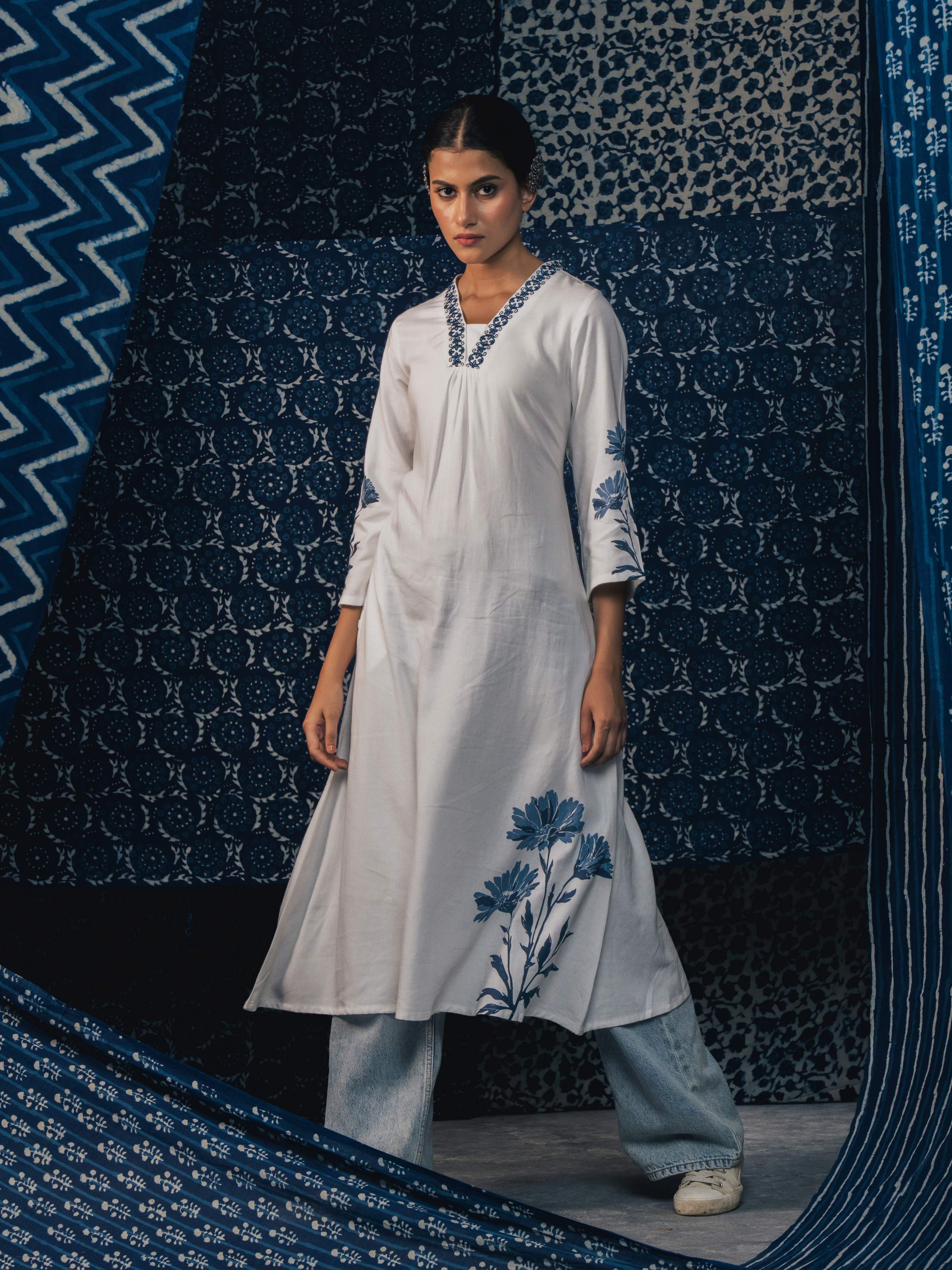 White Blue Viscose Linen Plain Flared Kurti With Placement Print And Embroidery