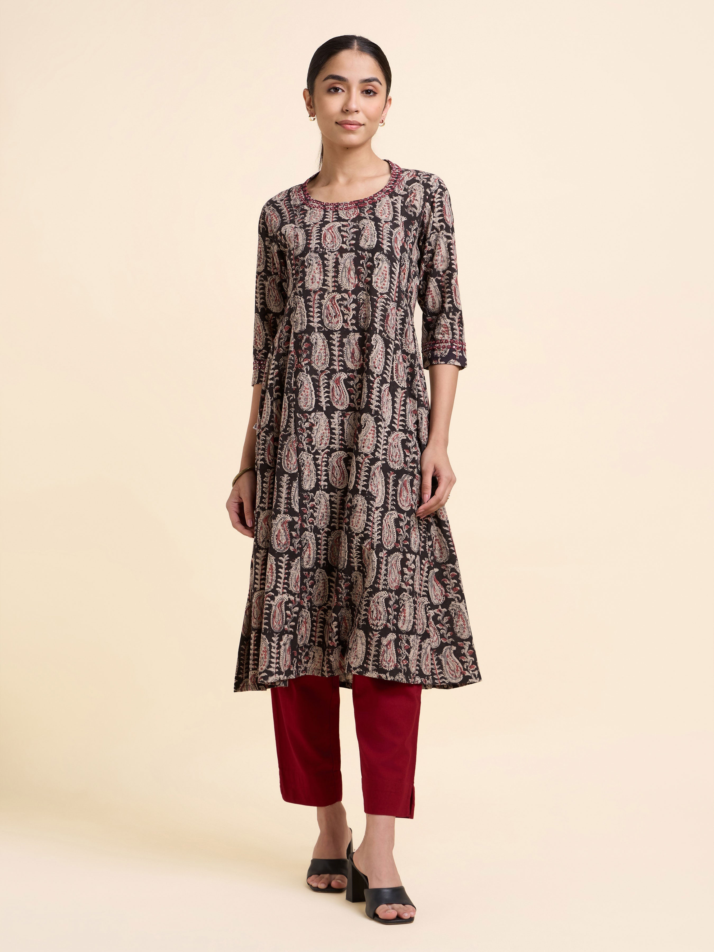 Black Multi Colored Cotton Printed Flared Panel Cut Kurti With Mirror Work Embroidery