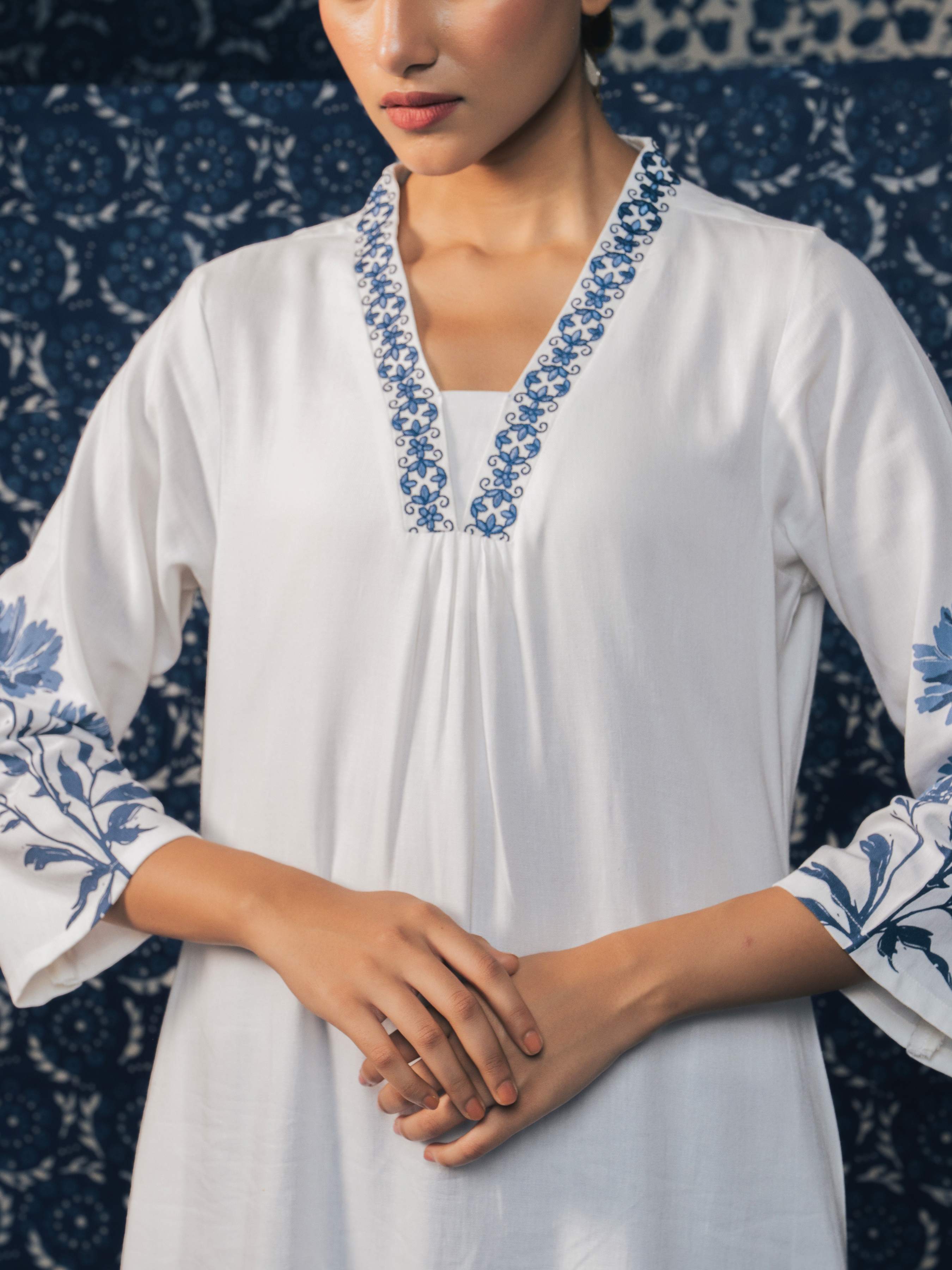 White Blue Viscose Linen Plain Flared Kurti With Placement Print And Embroidery