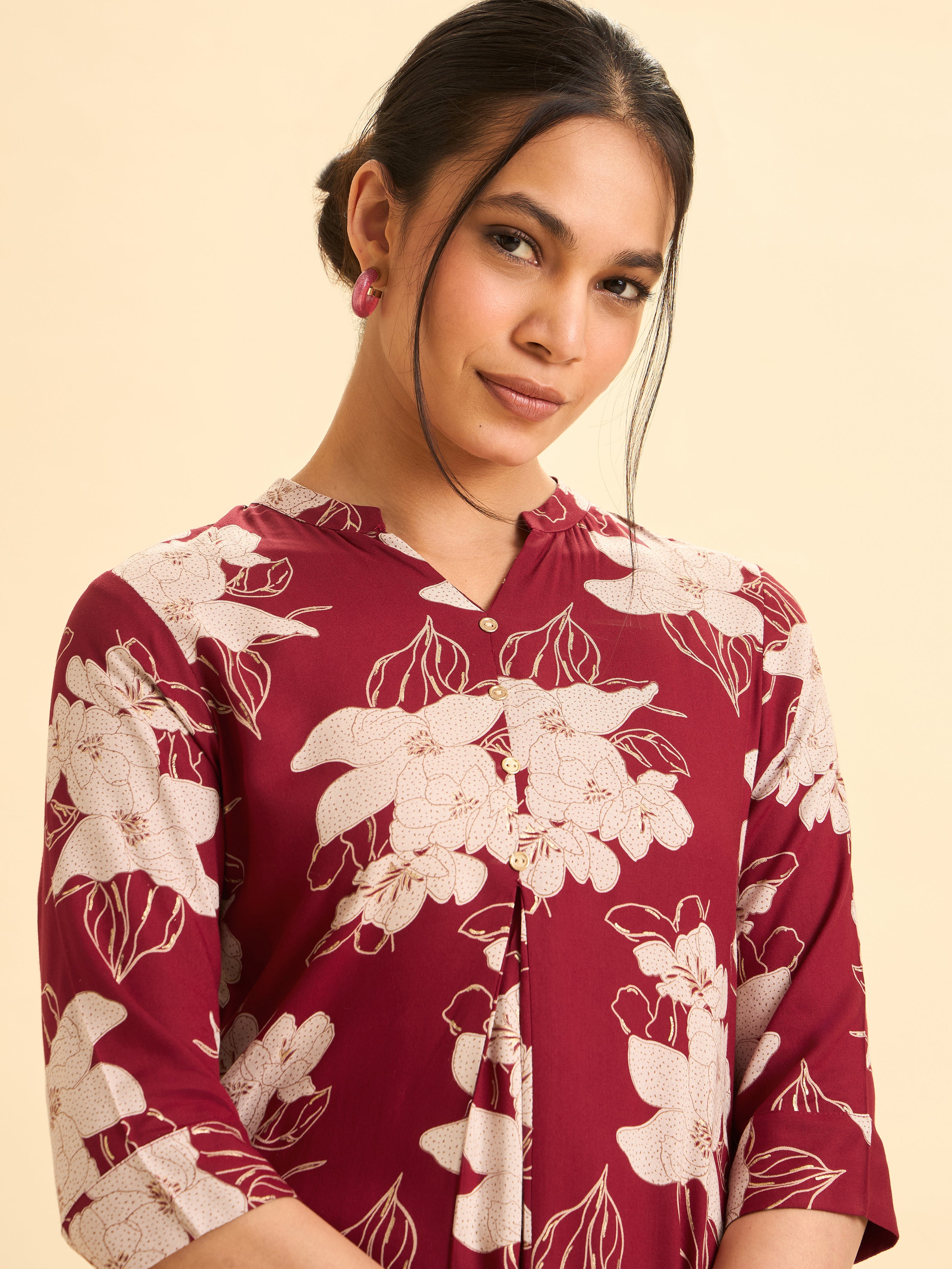 Red And Ivory Viscose Printed Flared Angrakha Kurti