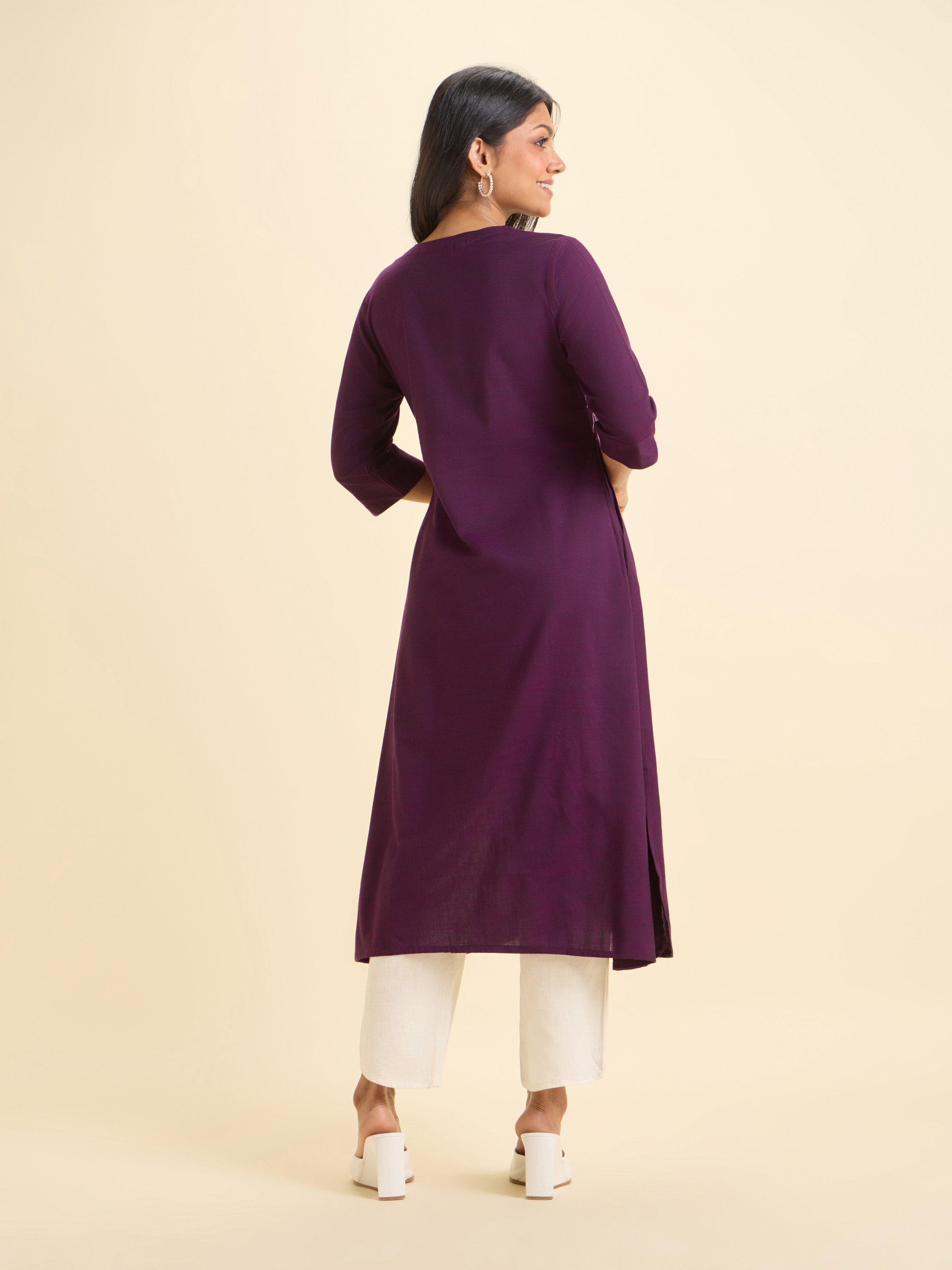 Purple Cotton Viscose Slub Plain Flared Kurti With Embroidery