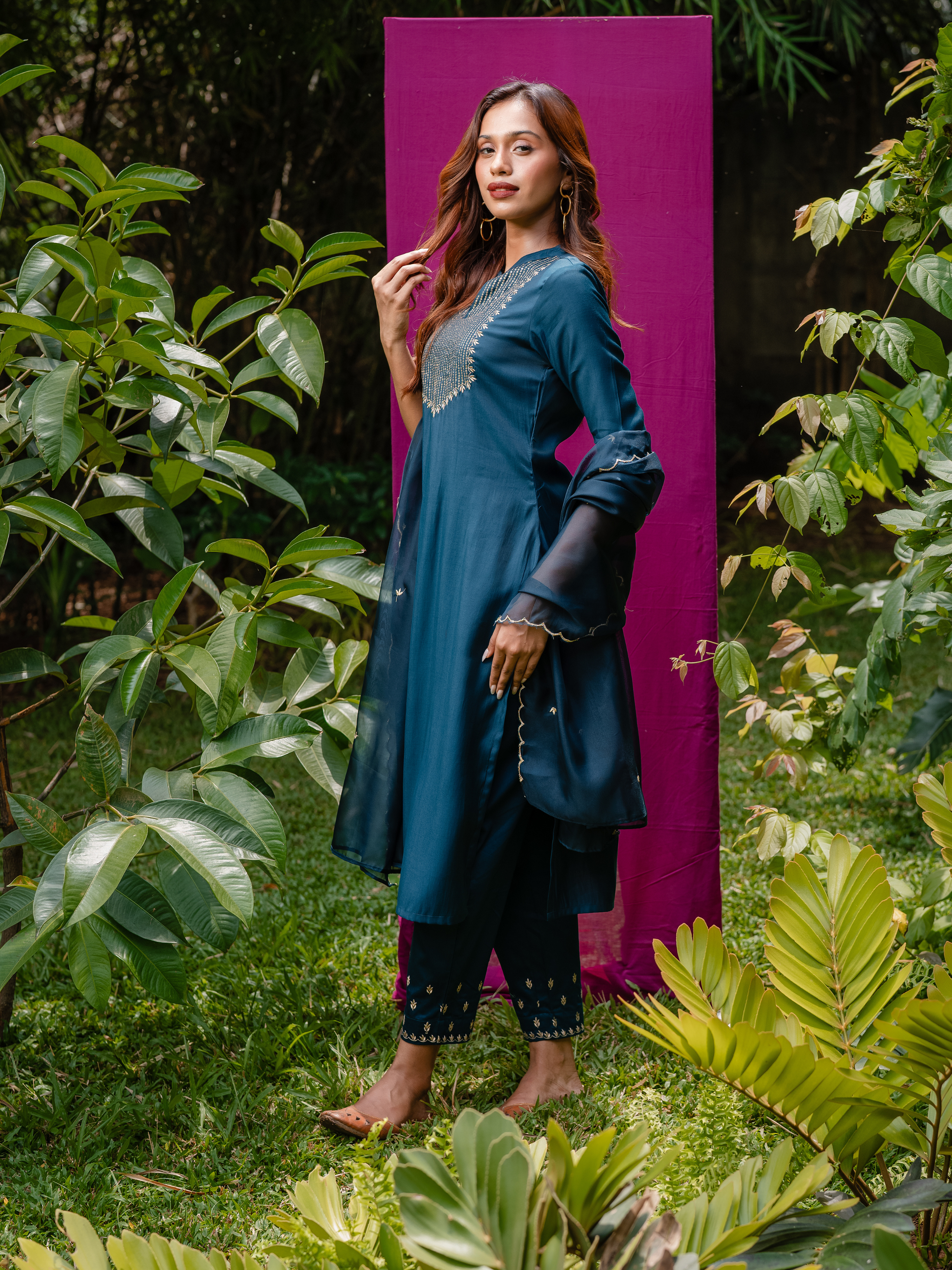 Teal Viscose Blend Kurti Set & Dupatta With Sequins Embroidery