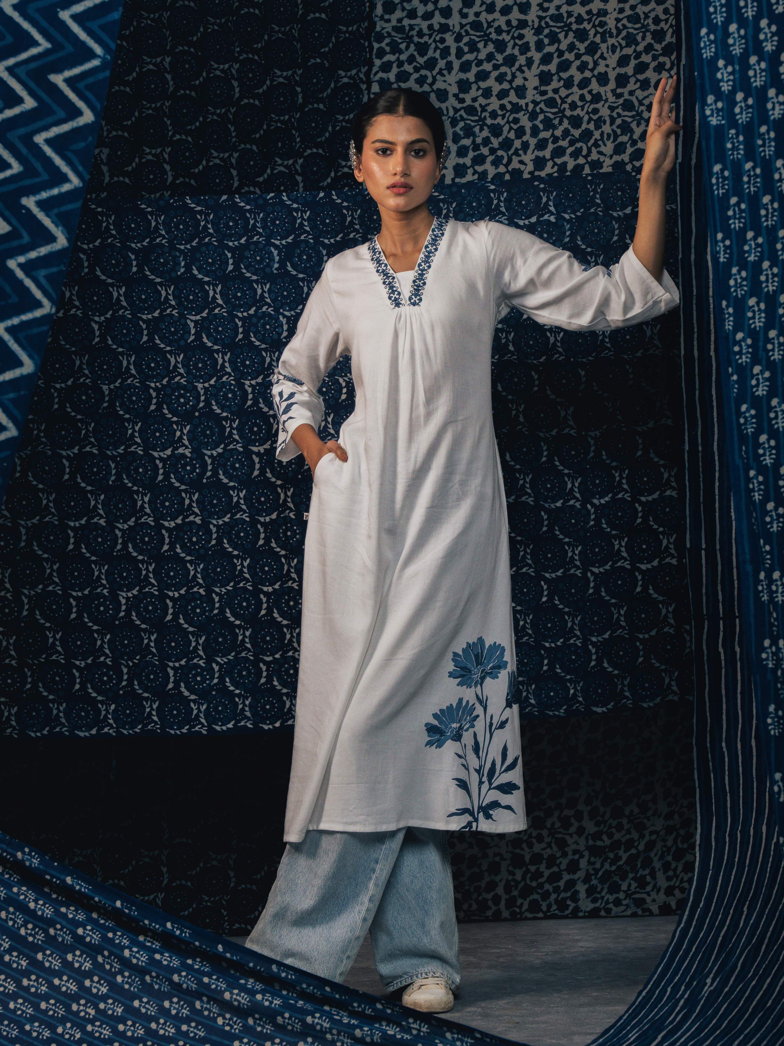 White Blue Viscose Linen Plain Flared Kurti With Placement Print And Embroidery