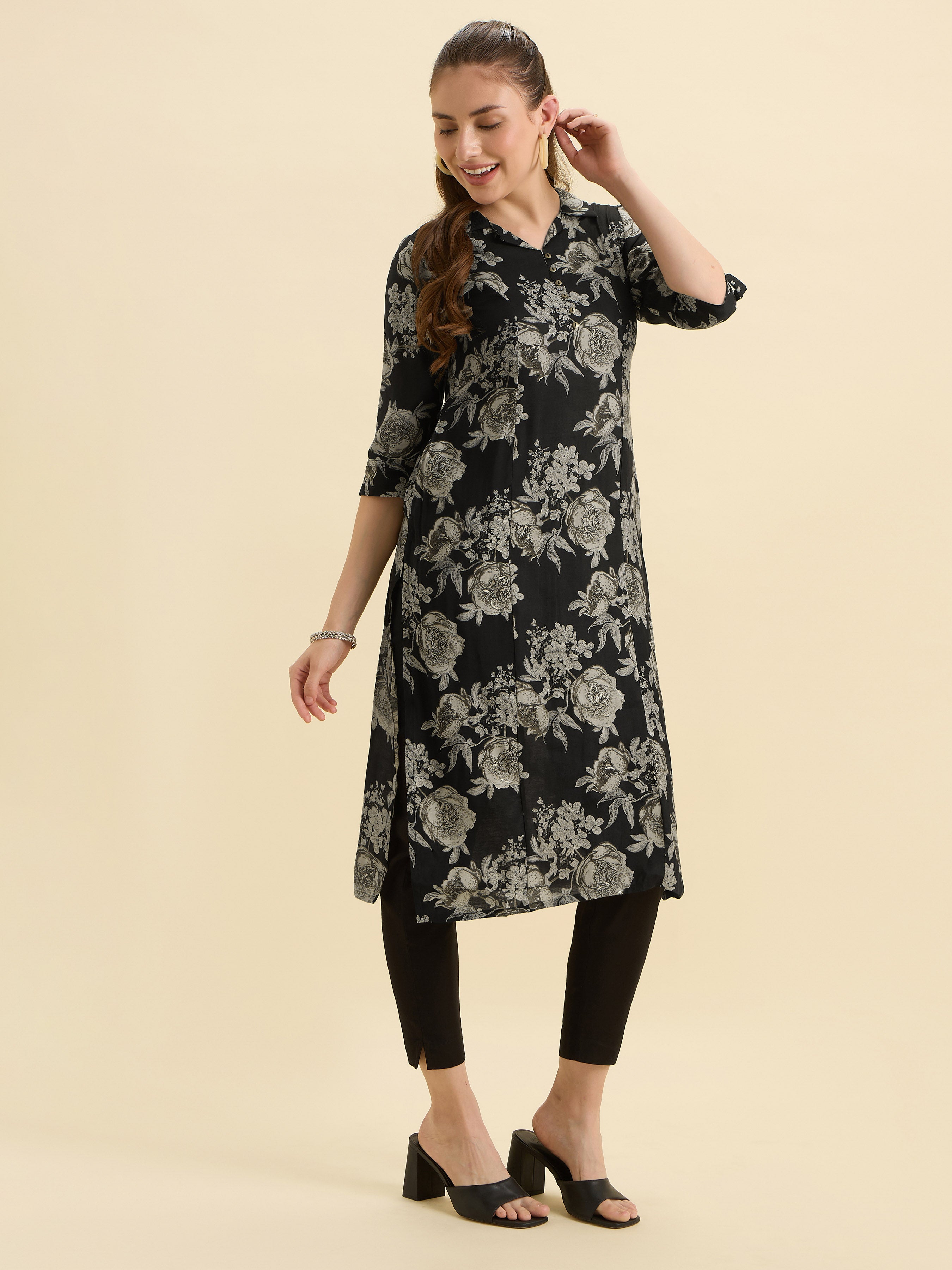Black Ploy Viscose Flared Printed Kurti With Princesscut