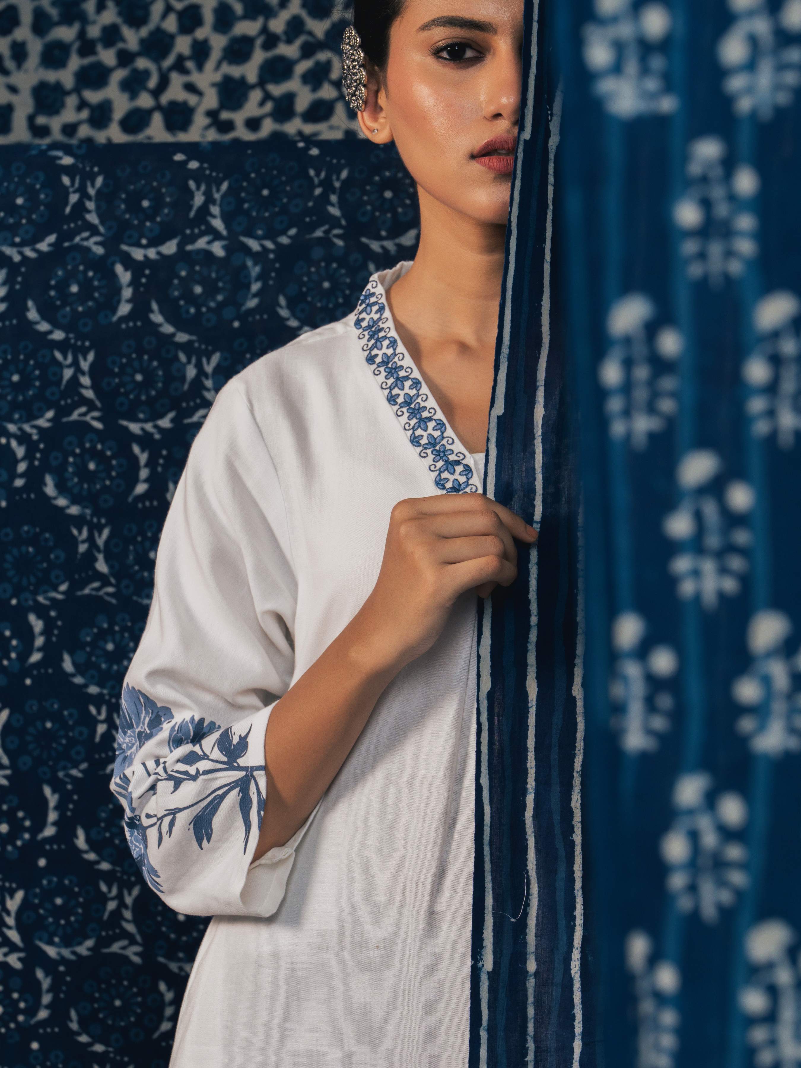 White Blue Viscose Linen Plain Flared Kurti With Placement Print And Embroidery