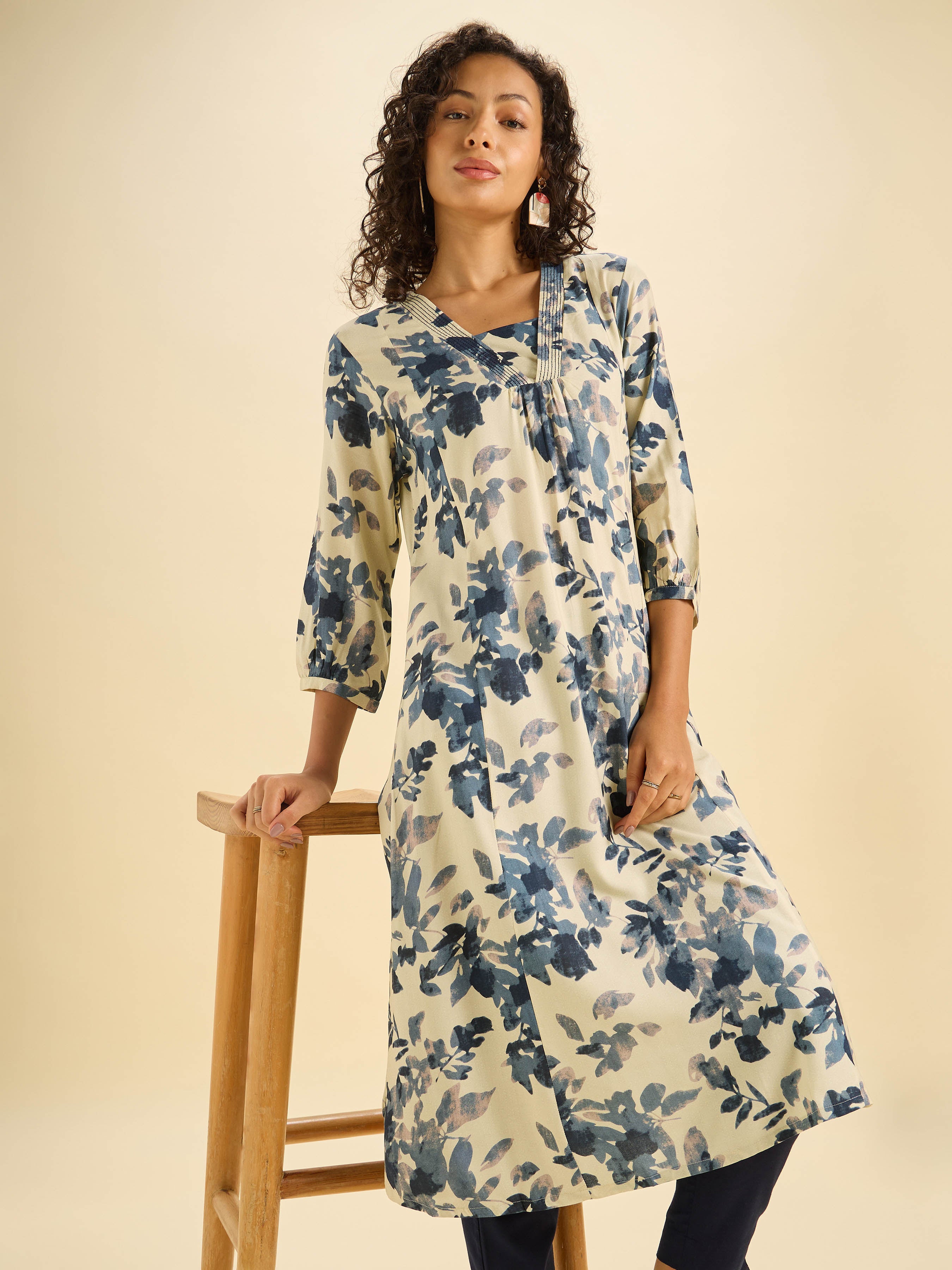 Ivory Viscose Printed Flared Kurti With Box Pleat