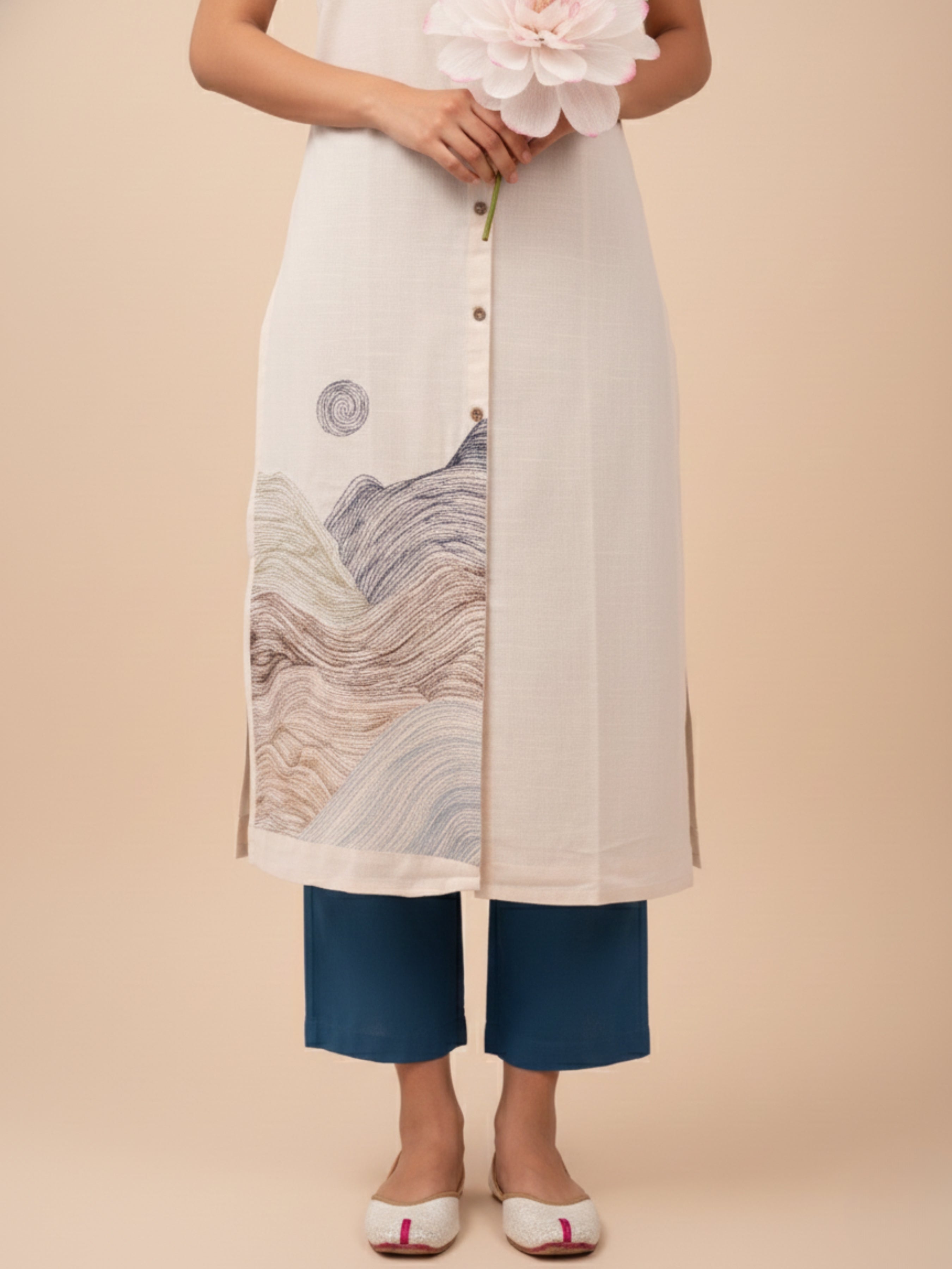 Ivory Cotton Flax Slub Co-Ord Set With Embroidery