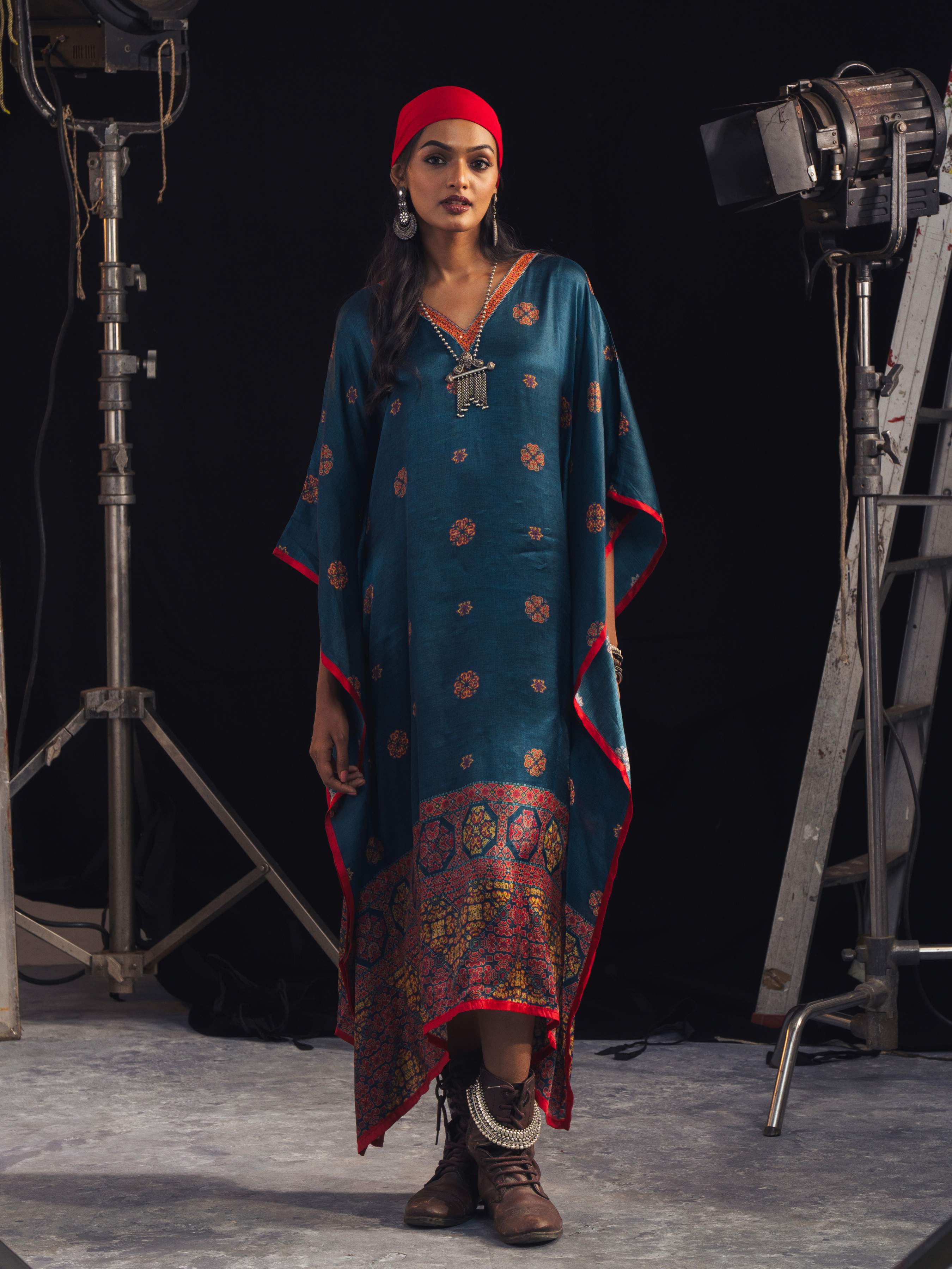 Blue Multi Colour Modal Satin Printed Kaftan With Sequins Embroidery
