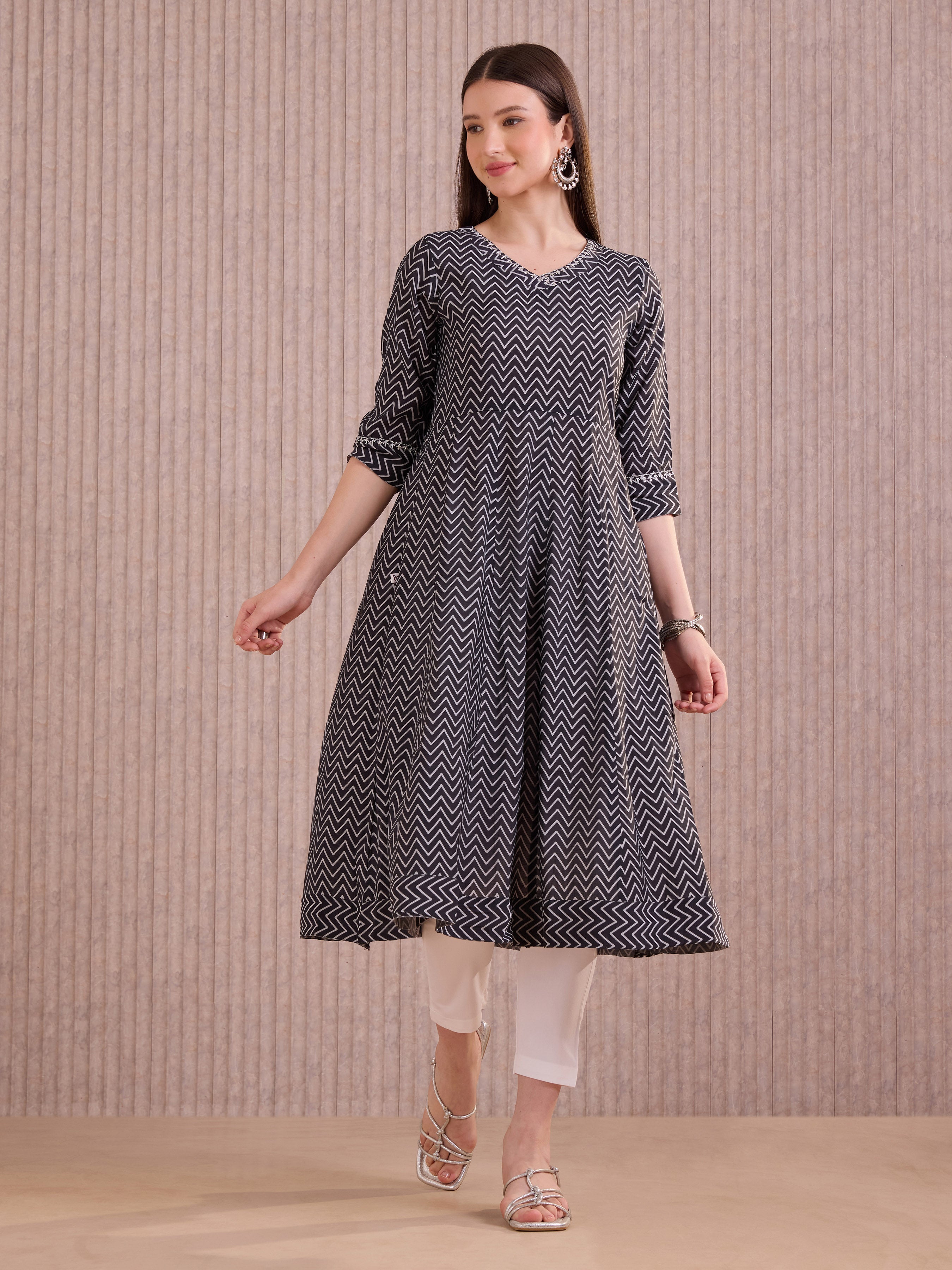 Black Modal Chanderi Printed Kali Cut Kurti With Sequins Embroidery Work