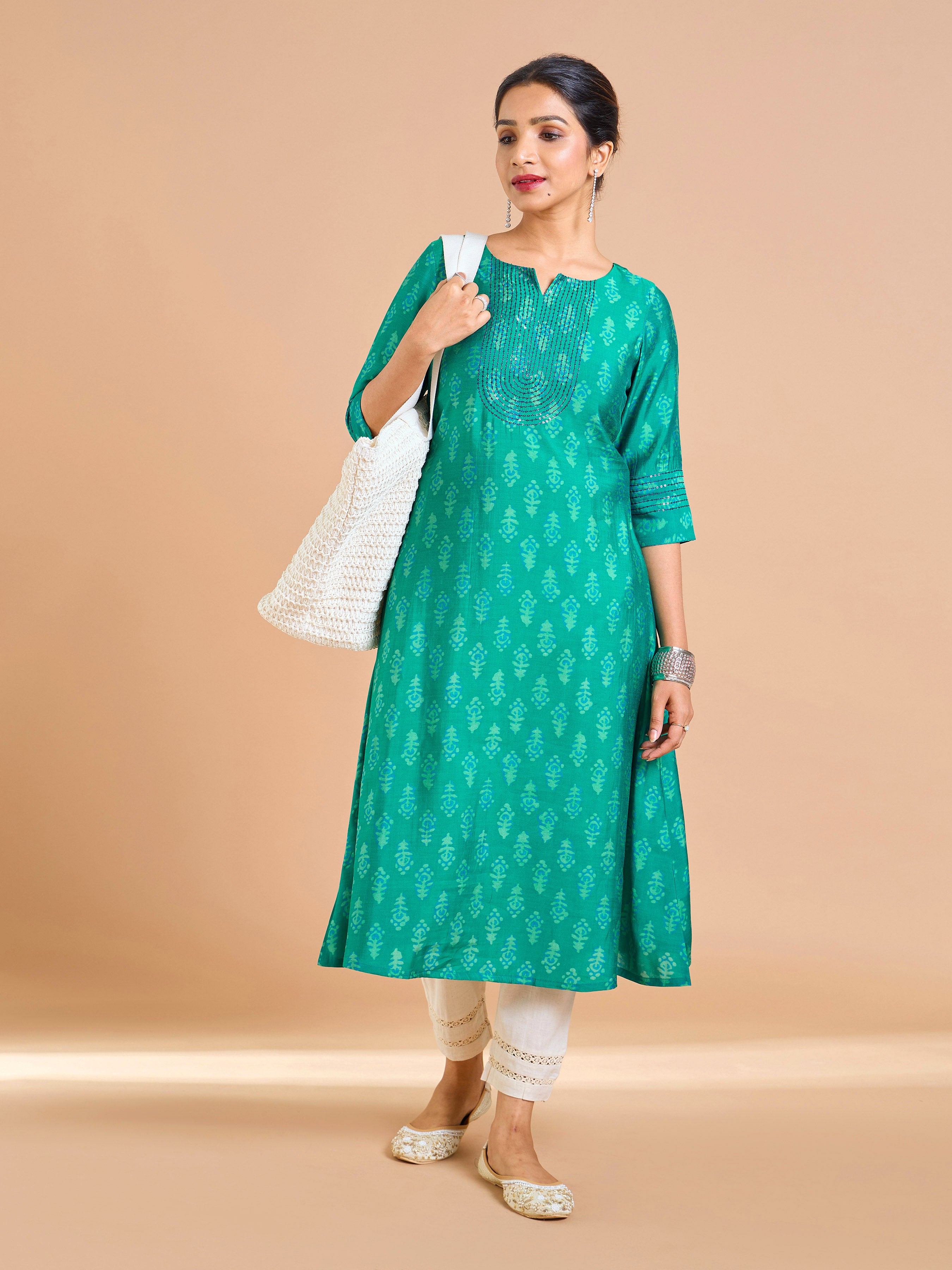 Peacock Blue Modal Chanderi Foil Printed  Kurti With  Sequins Work