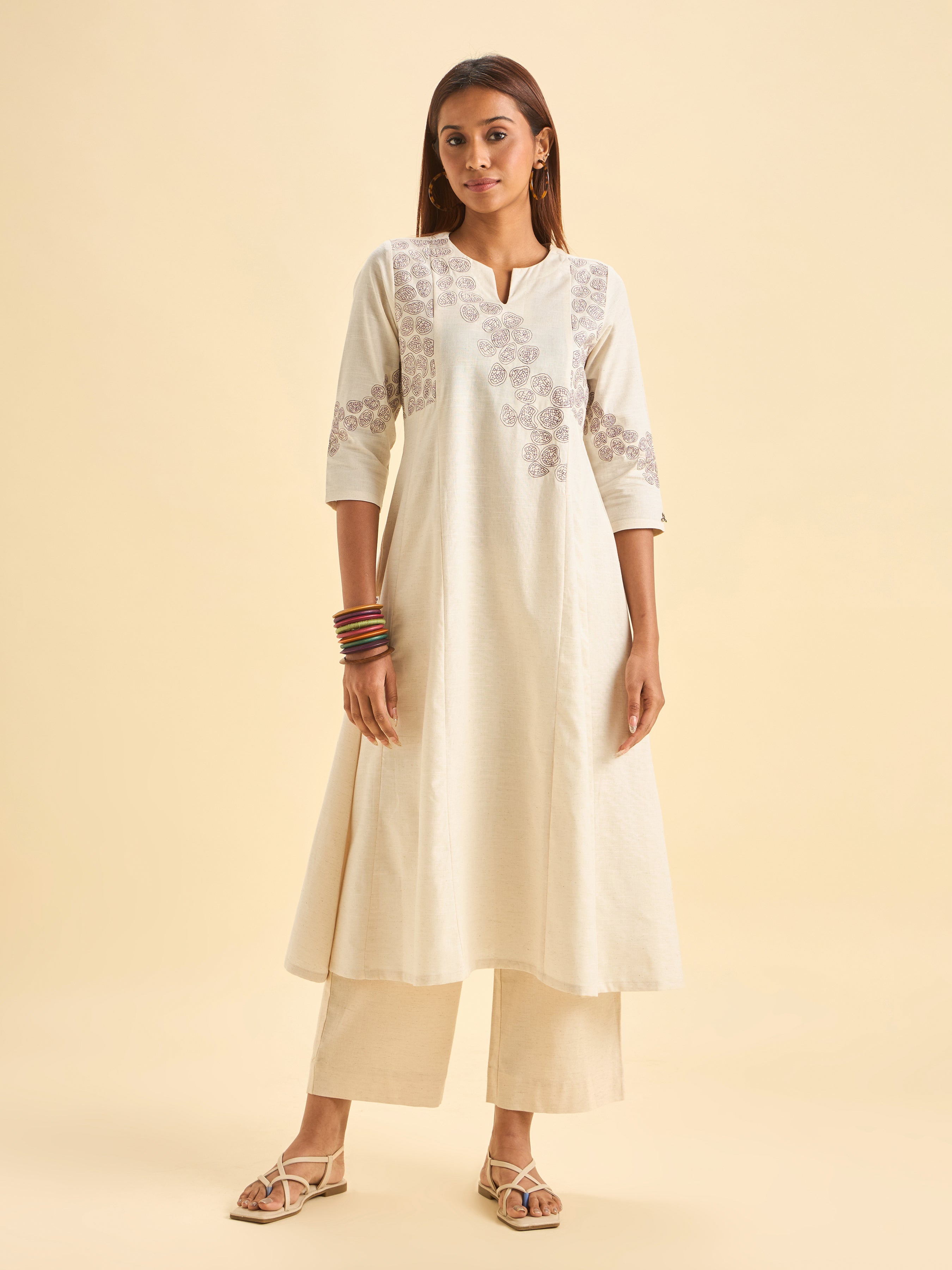 Ivory Cotton Flax Slub Flared Centre Panel Kurti