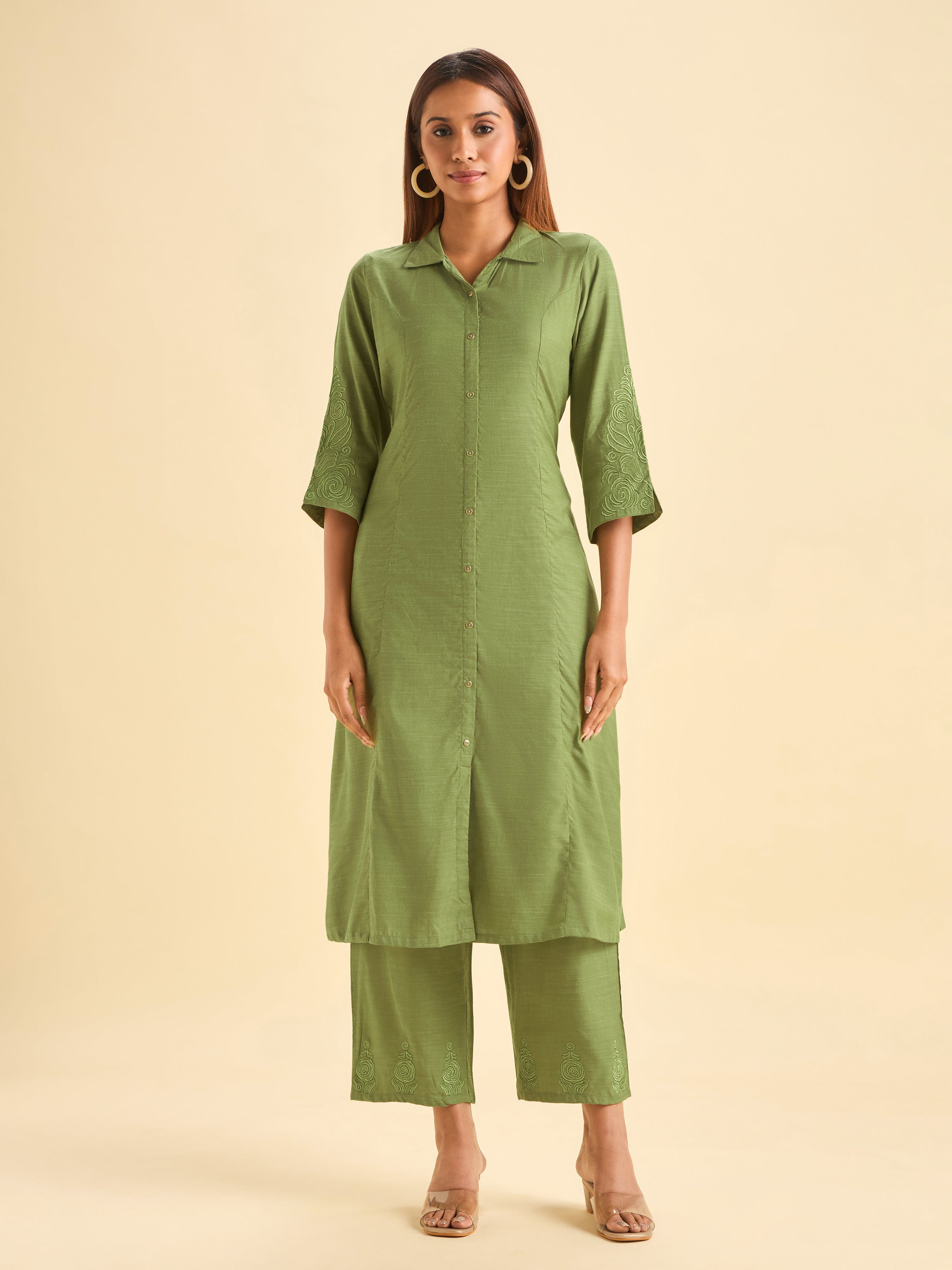 Pista Green Viscose Plain Kurti With Embroidery with Viscose Plain Bottom