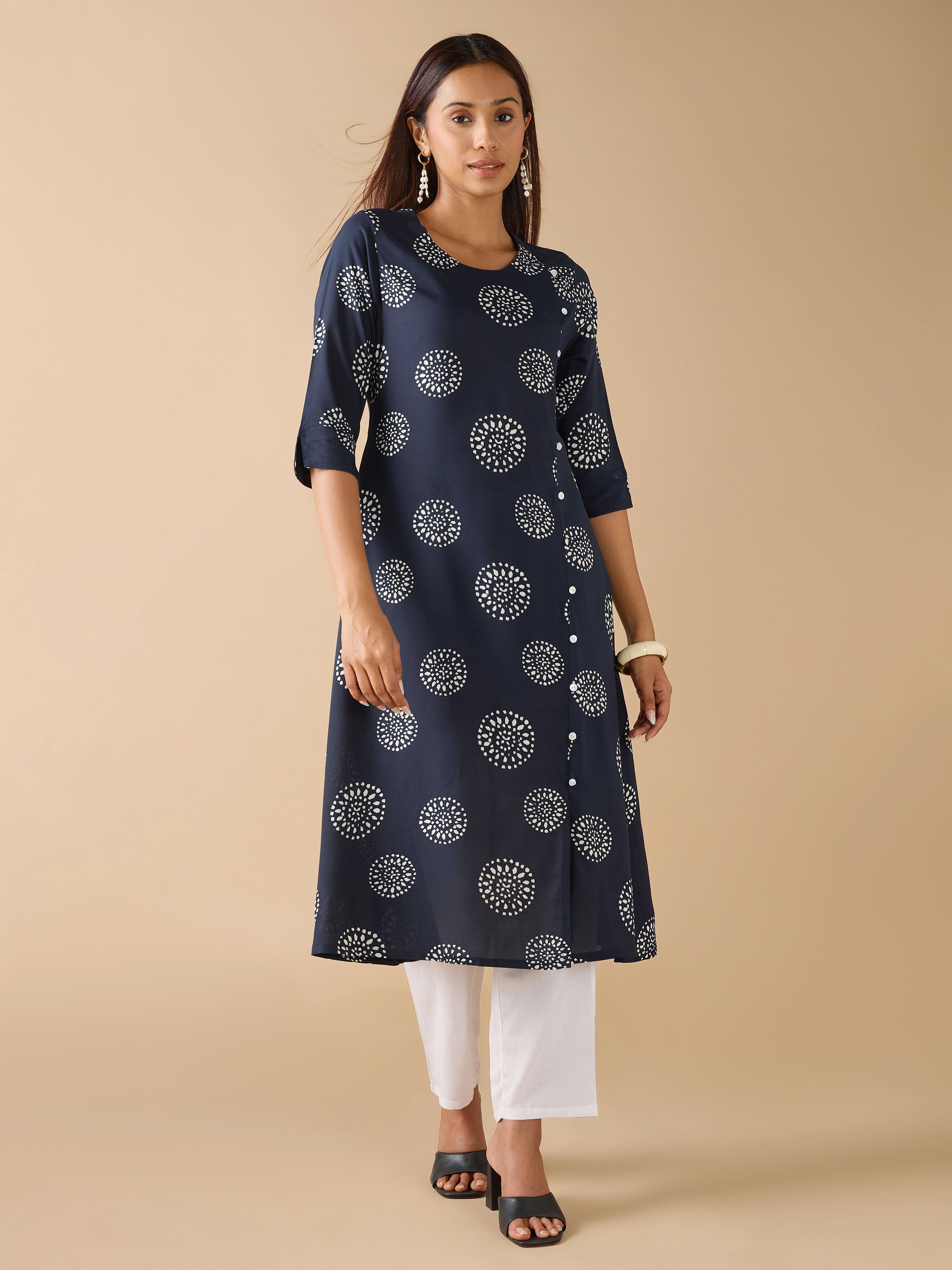 Navy Blue Viscose Print With Side Panel  Kurti