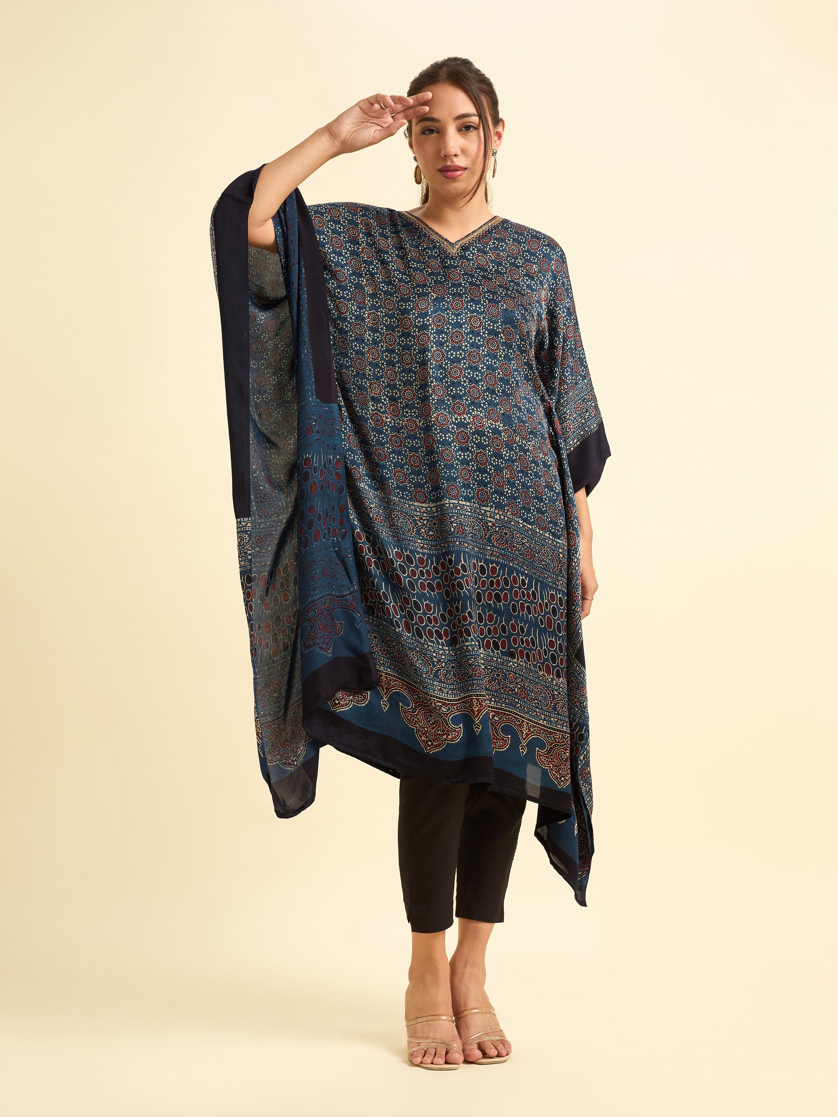 Navy Blue Multi Colour Modal Satin Kaftan With Sequins Embroidery