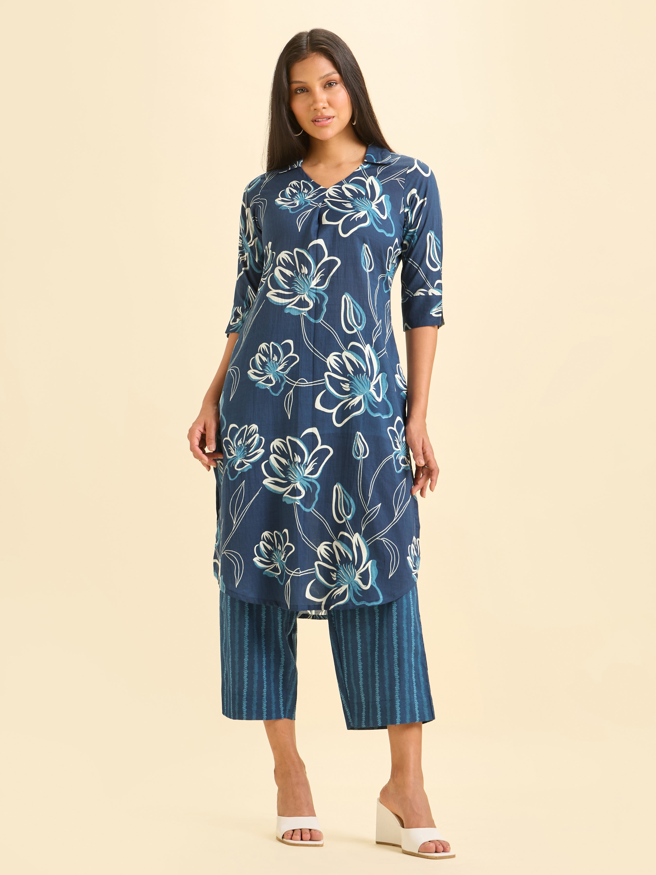 Royal Blue Pure Cotton Printed Slited Kurti Set With Knife Pleats And Curved Hem Line