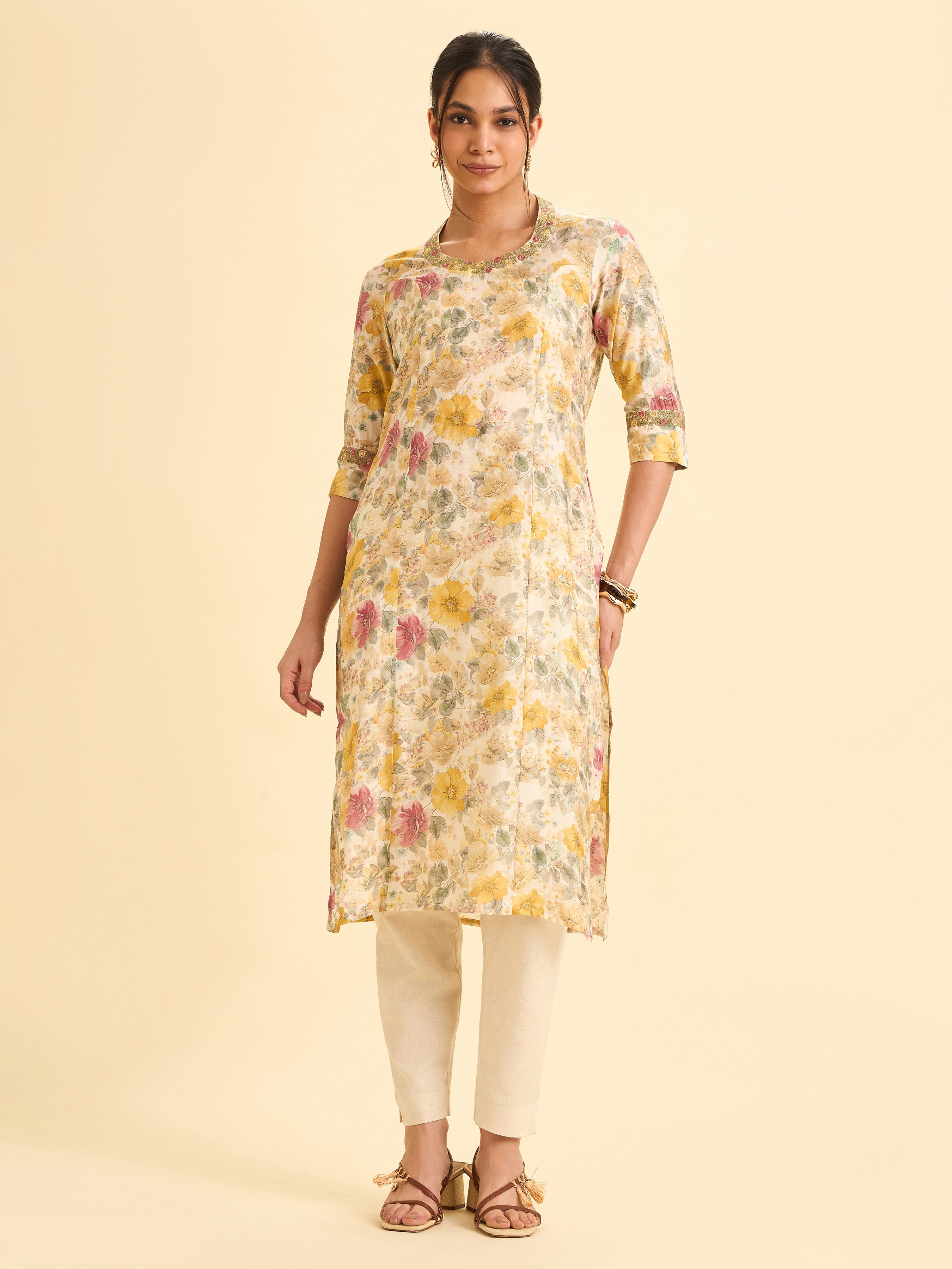 Ivory Modal Chanderi Printed Princess Cut Slitted Kurti With Embroidery